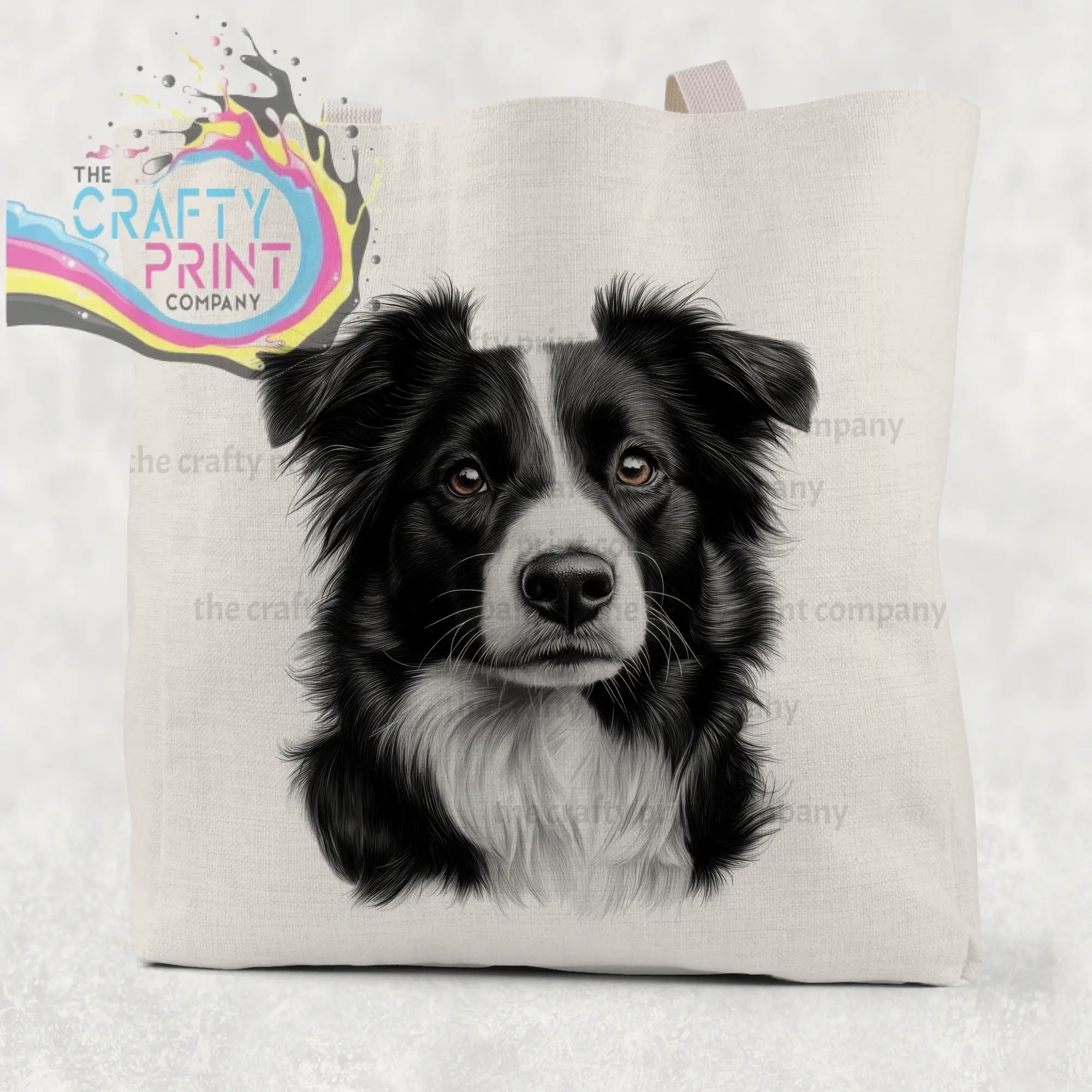 Beige canvas tote bag featuring a detailed black and white border collie pencil drawing on the front