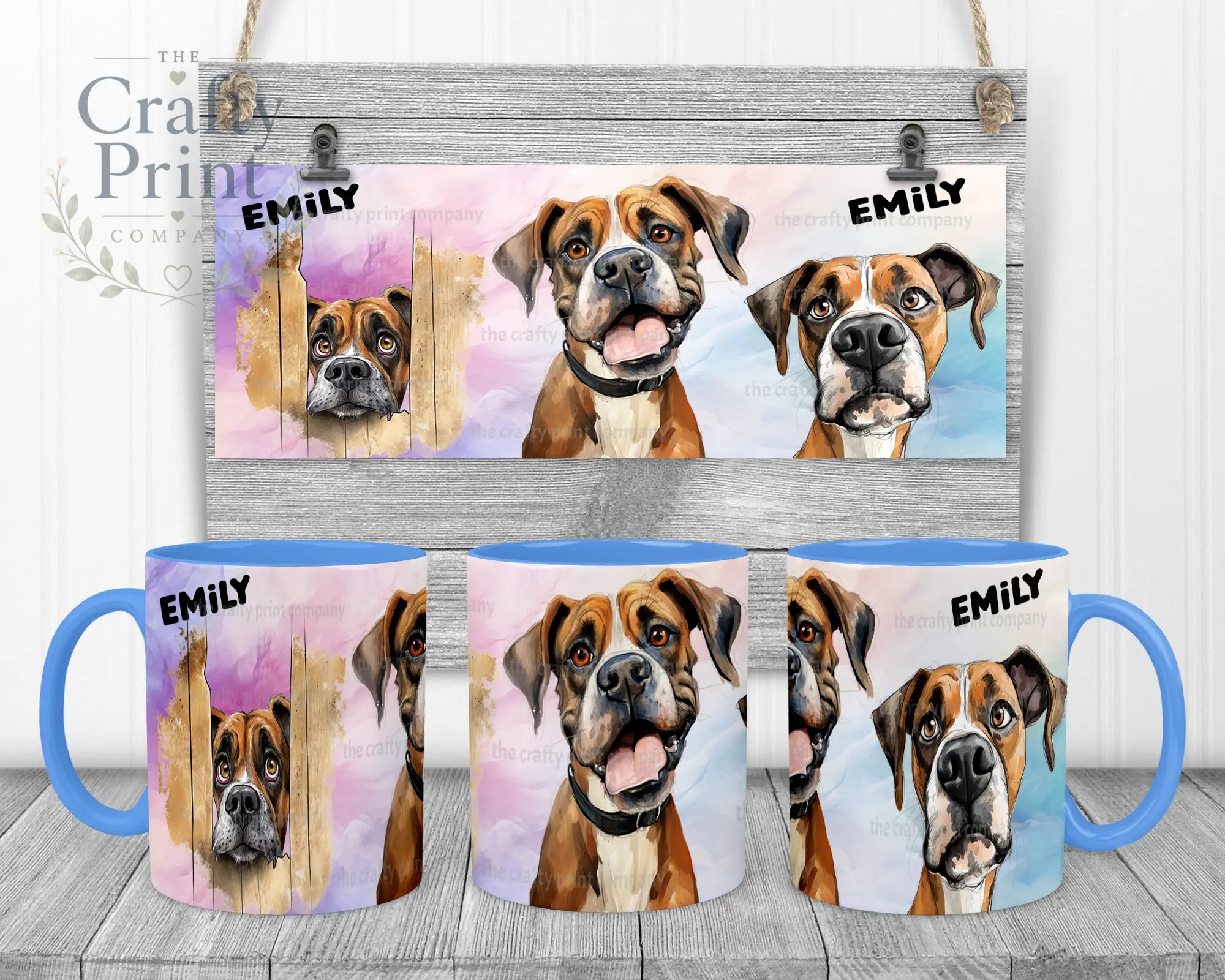 Boxer Dog Funny Faces Mug - Blue Handle & Inner - Mugs