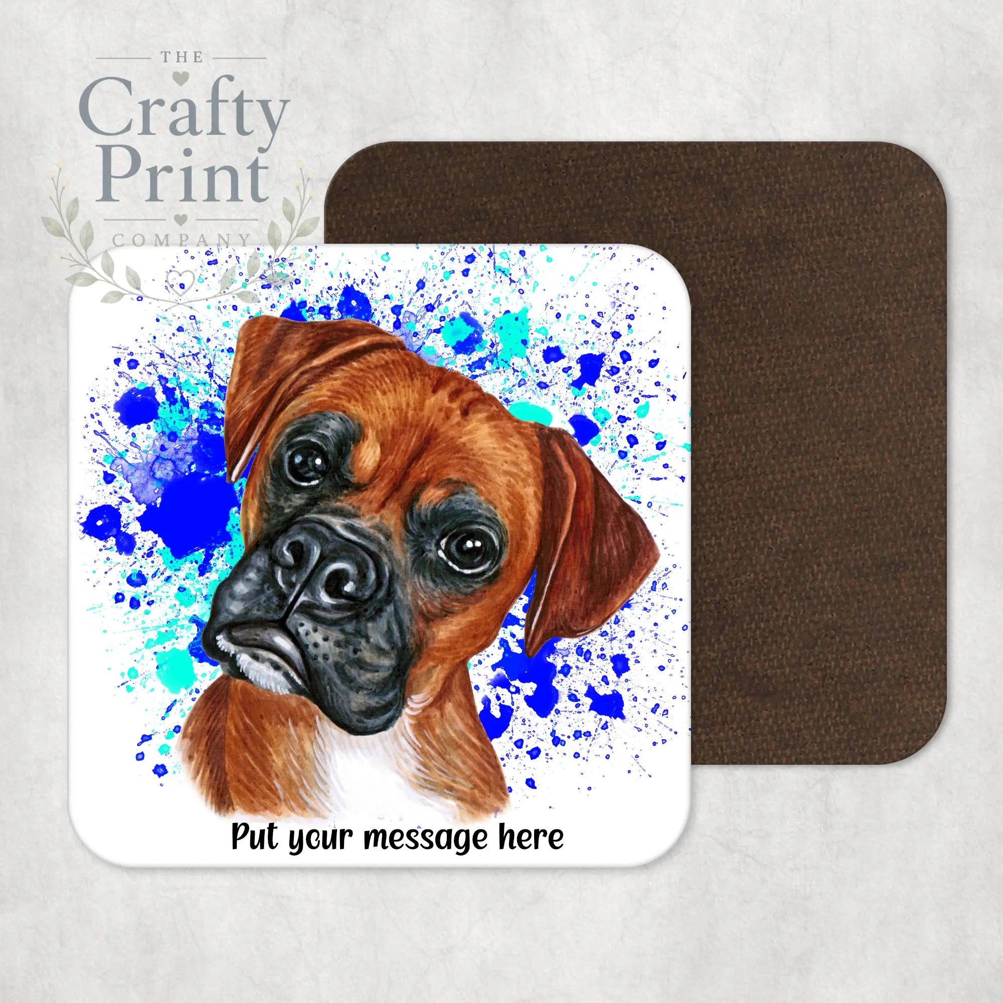 Boxer Paint Splatter Personalised Coaster - Blue - Green