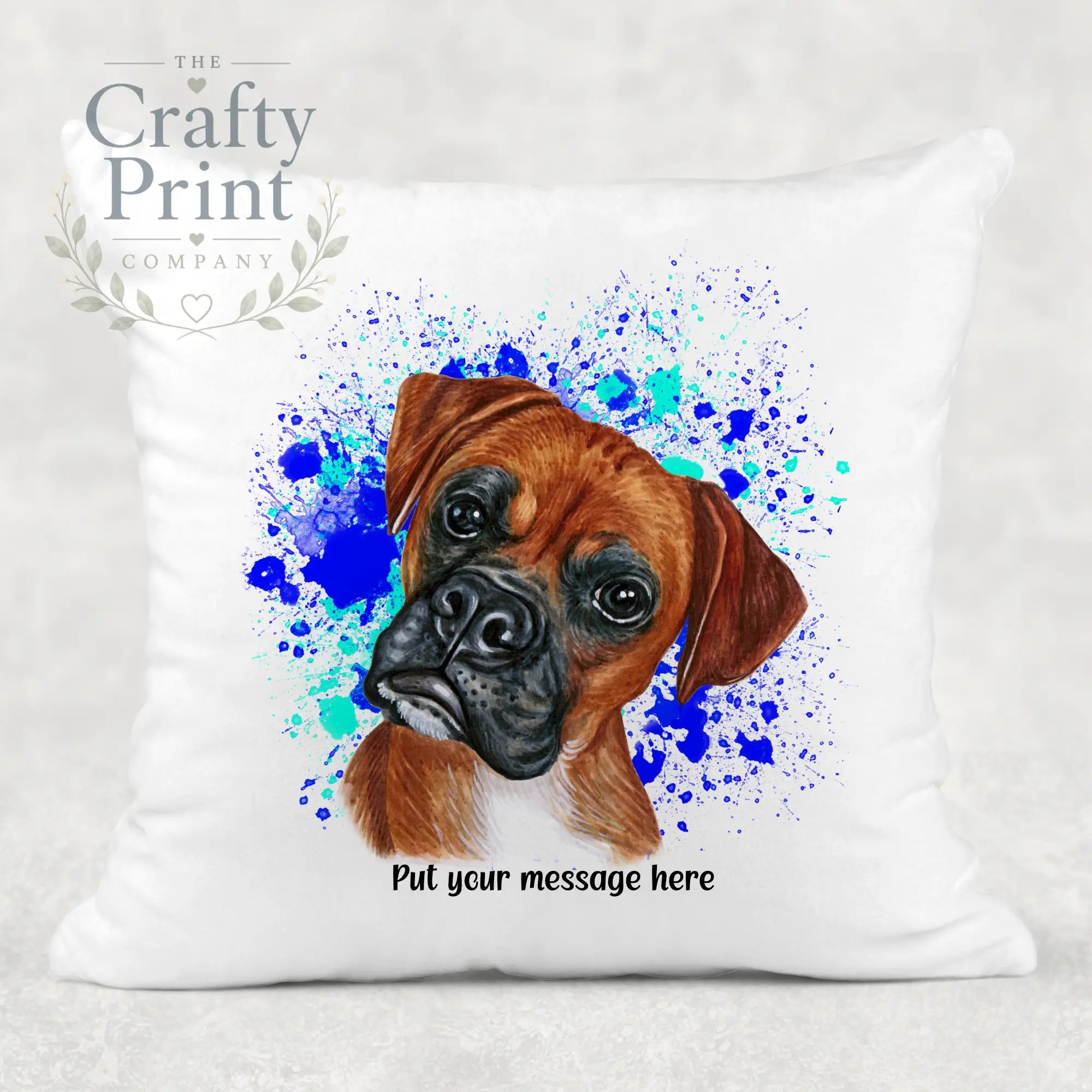 Boxer Paint Splatter Personalised Cushion - Blue - Green