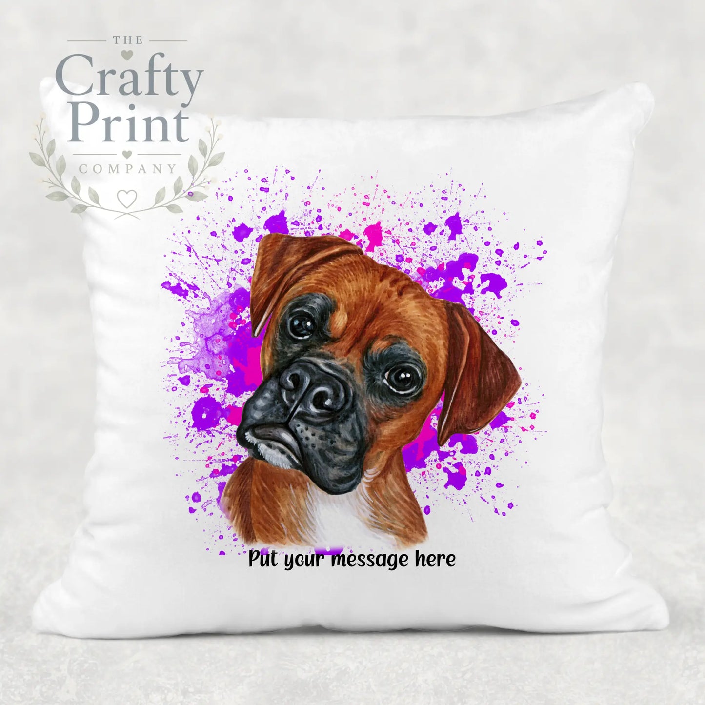 Boxer Paint Splatter Personalised Cushion - Pink - Purple