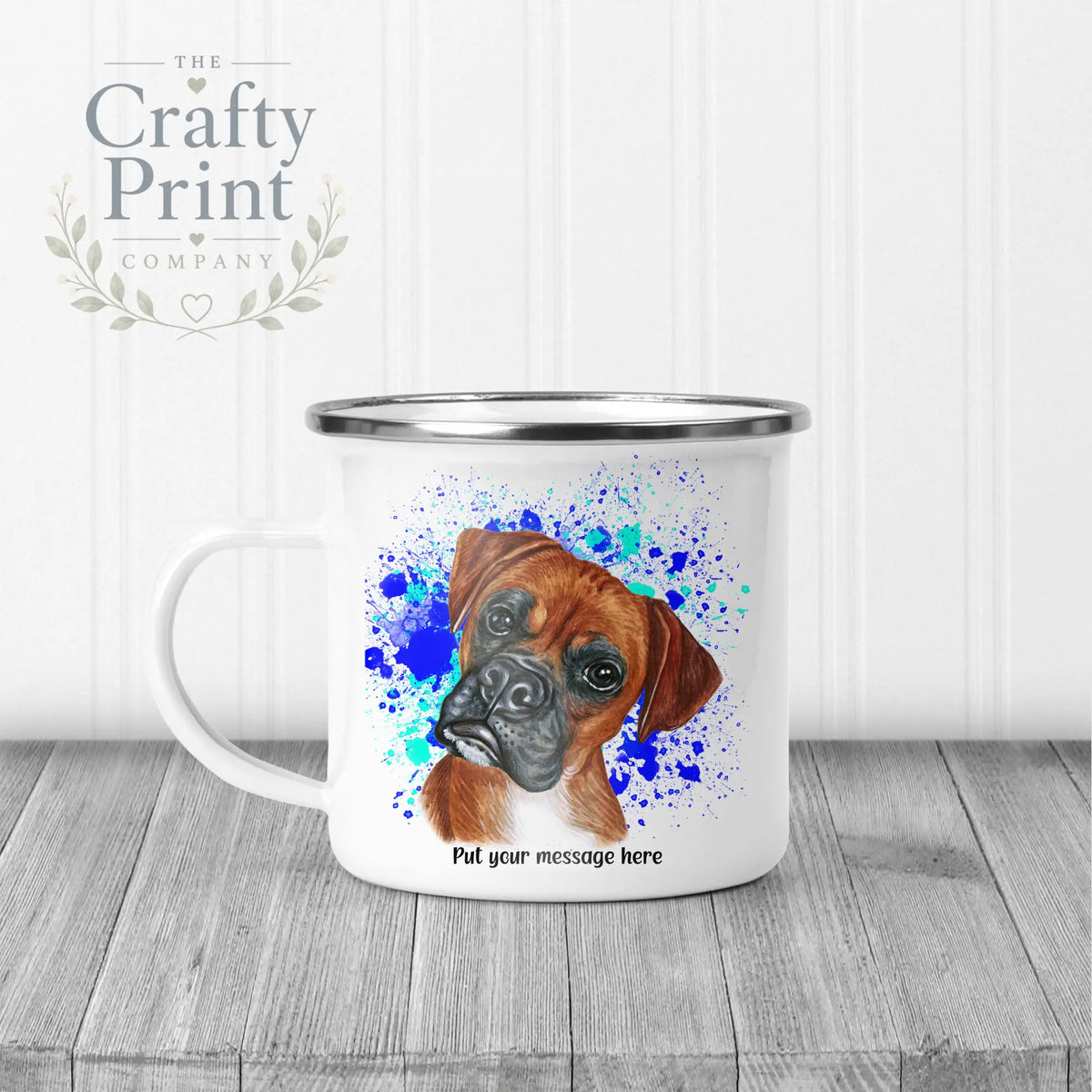 Boxer Paint Splatter Personalised Mug - Enamel / Blue