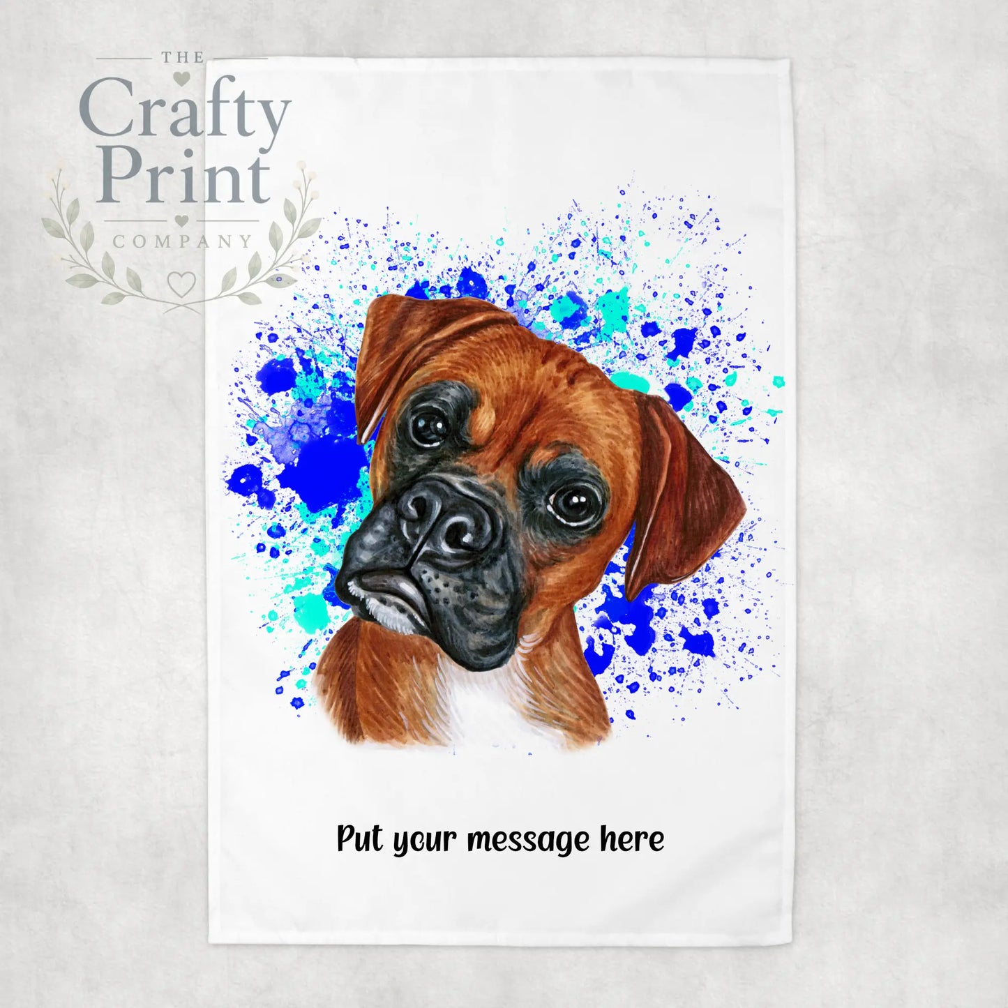 Boxer Paint Splatter Personalised Tea Towel - Blue - Green