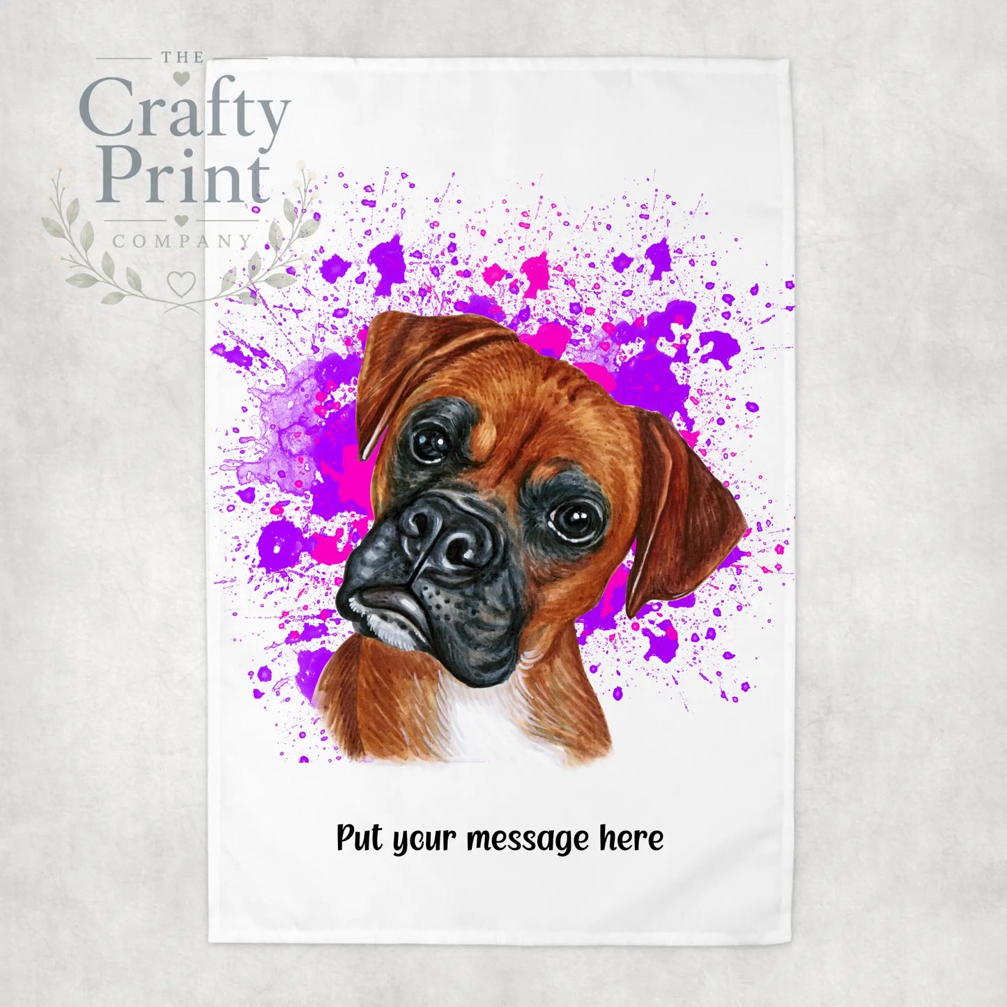 Boxer Paint Splatter Personalised Tea Towel - Pink - Purple