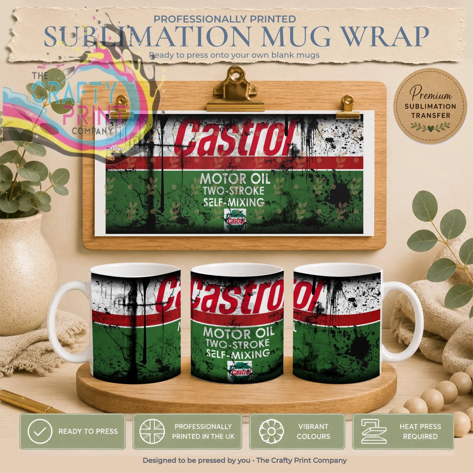 Castrol dirty mug sublimation mug wrap with distressed red white and green design professionally printed ready to press uk