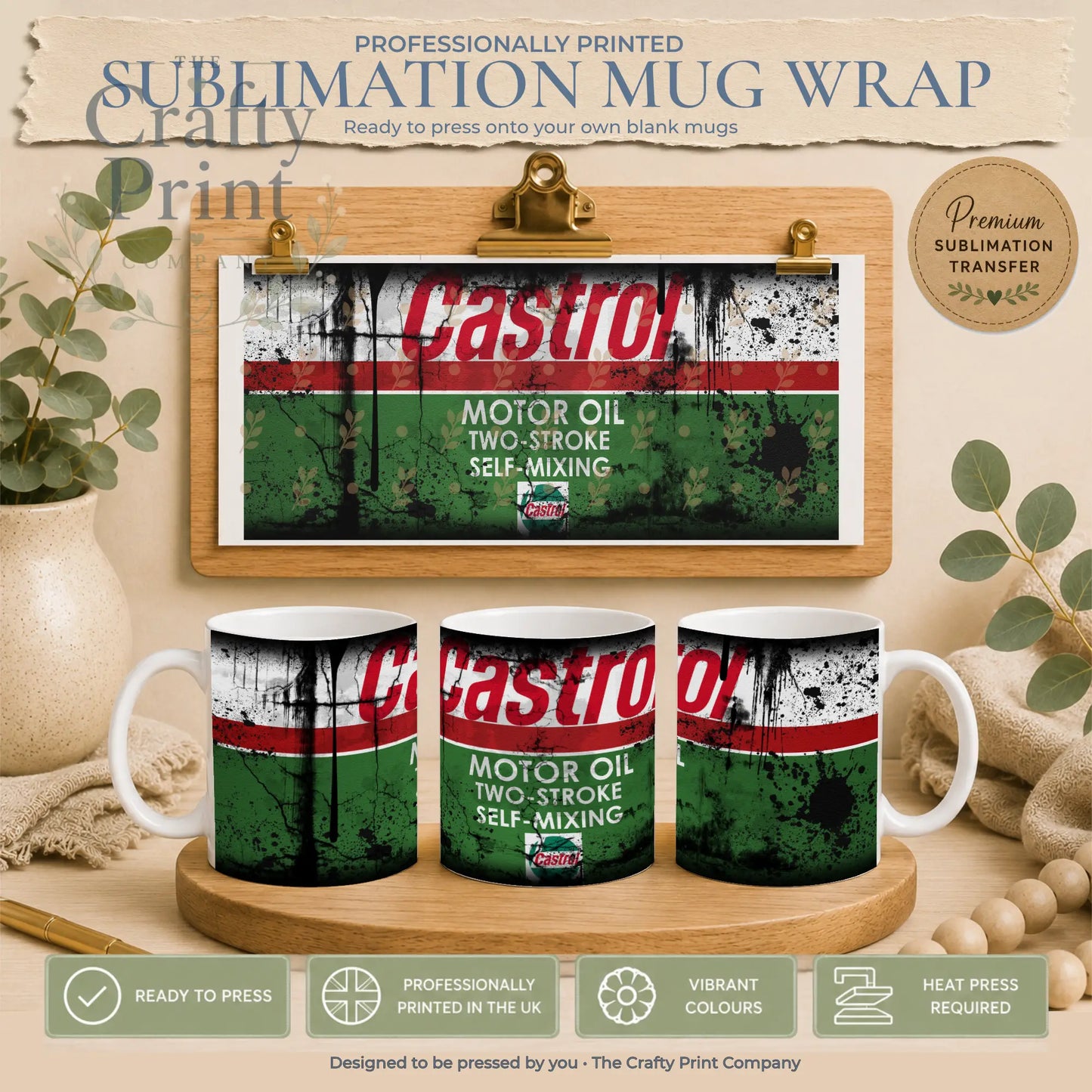 Castrol dirty mug sublimation mug wrap with distressed red white and green design professionally printed ready to press uk