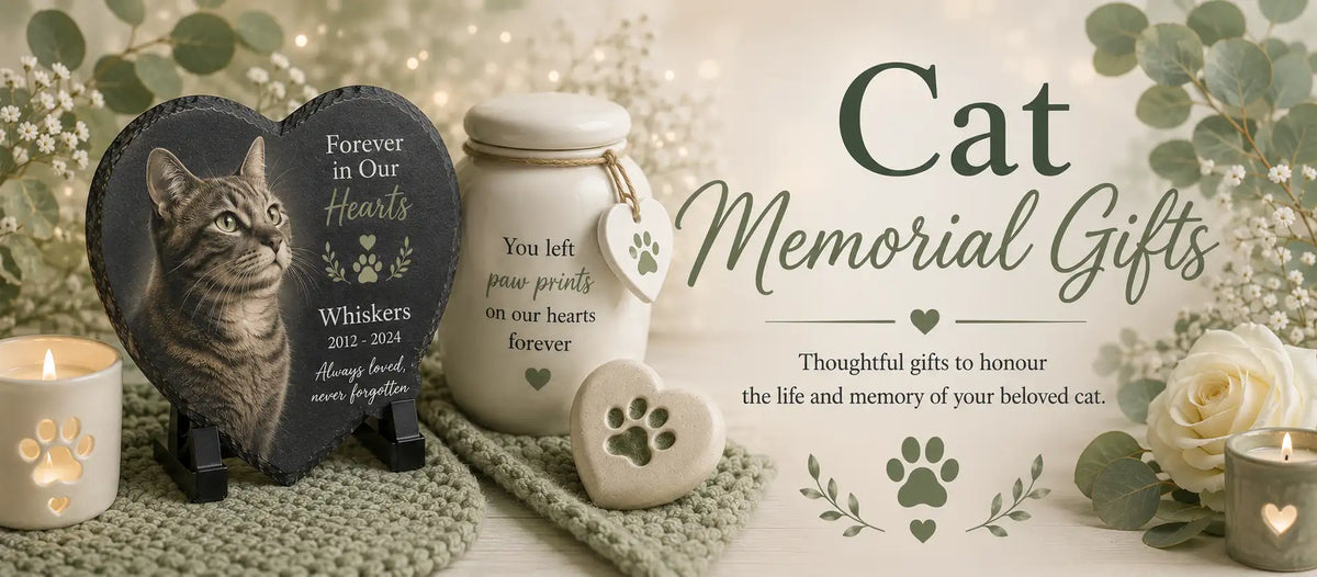 Heart-shaped slate cat memorial plaque with engraved inscription and paw print design.