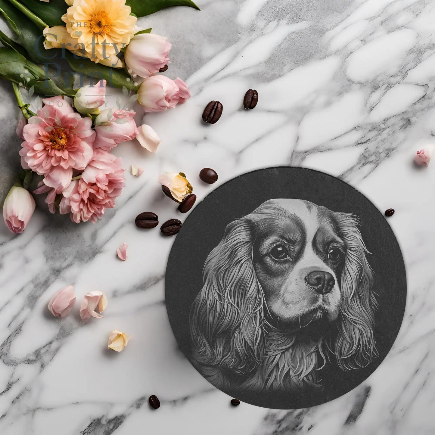 Cavalier King Charles Spaniel Engraved Slate Coaster - Round