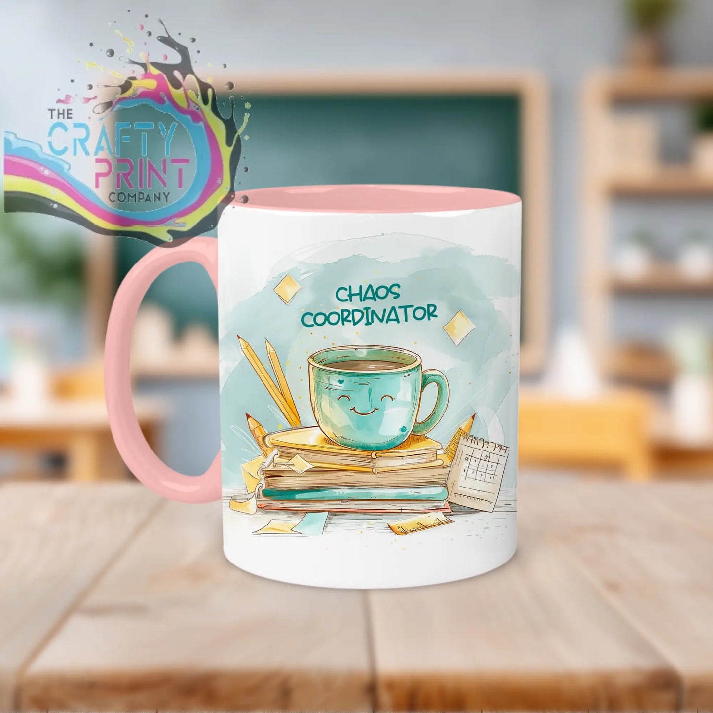 White ceramic chaos coordinator mug with pink handle and teal coffee cup watercolor for coordinator teacher mug