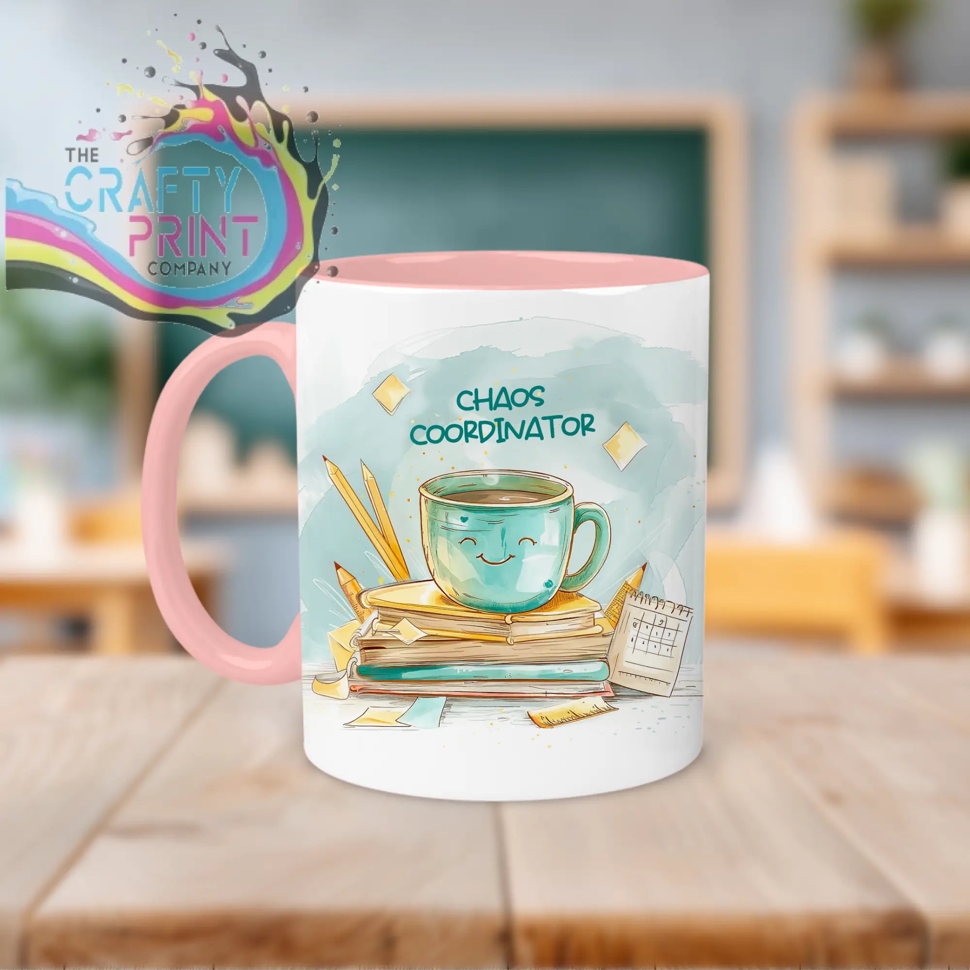 White ceramic chaos coordinator mug with pink handle and teal coffee cup watercolor for coordinator teacher mug
