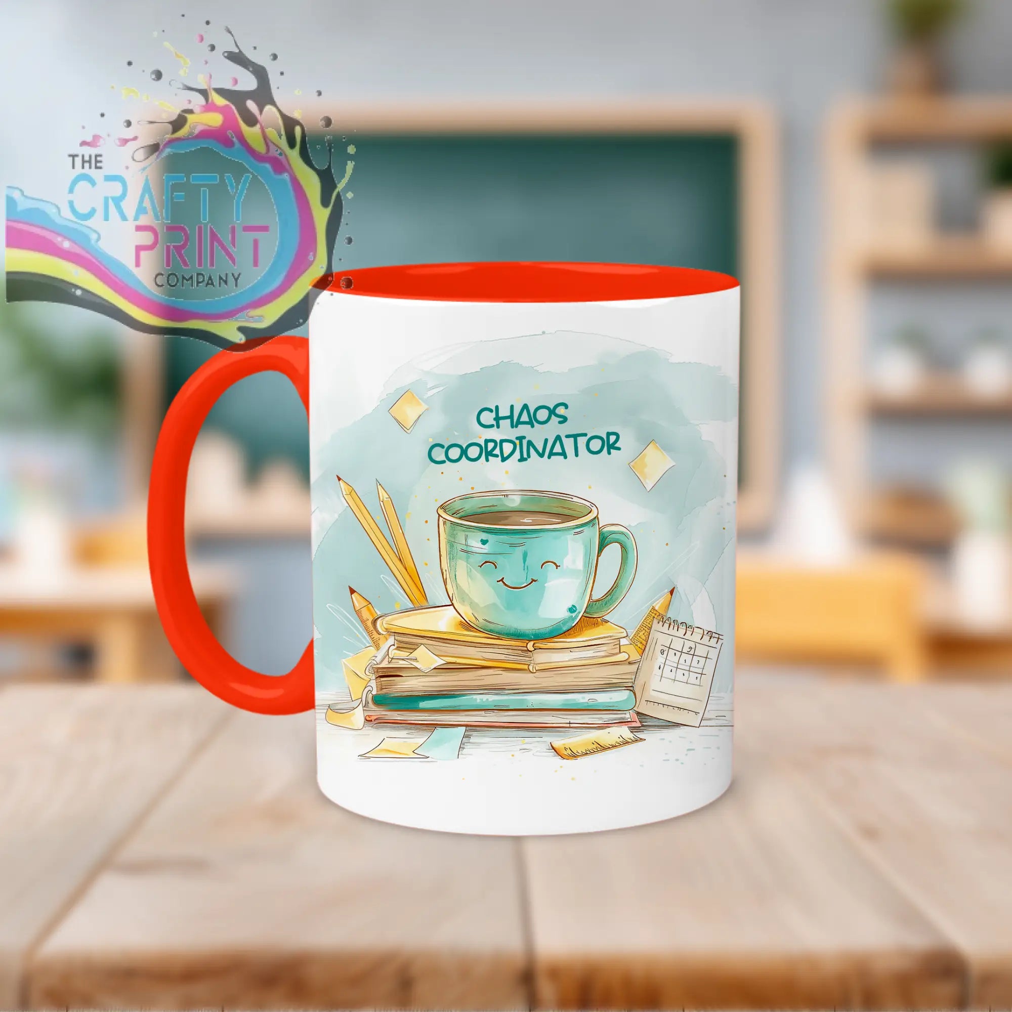 White ceramic chaos coordinator mug with red handle and teal coffee cup design for coordinator teacher mug
