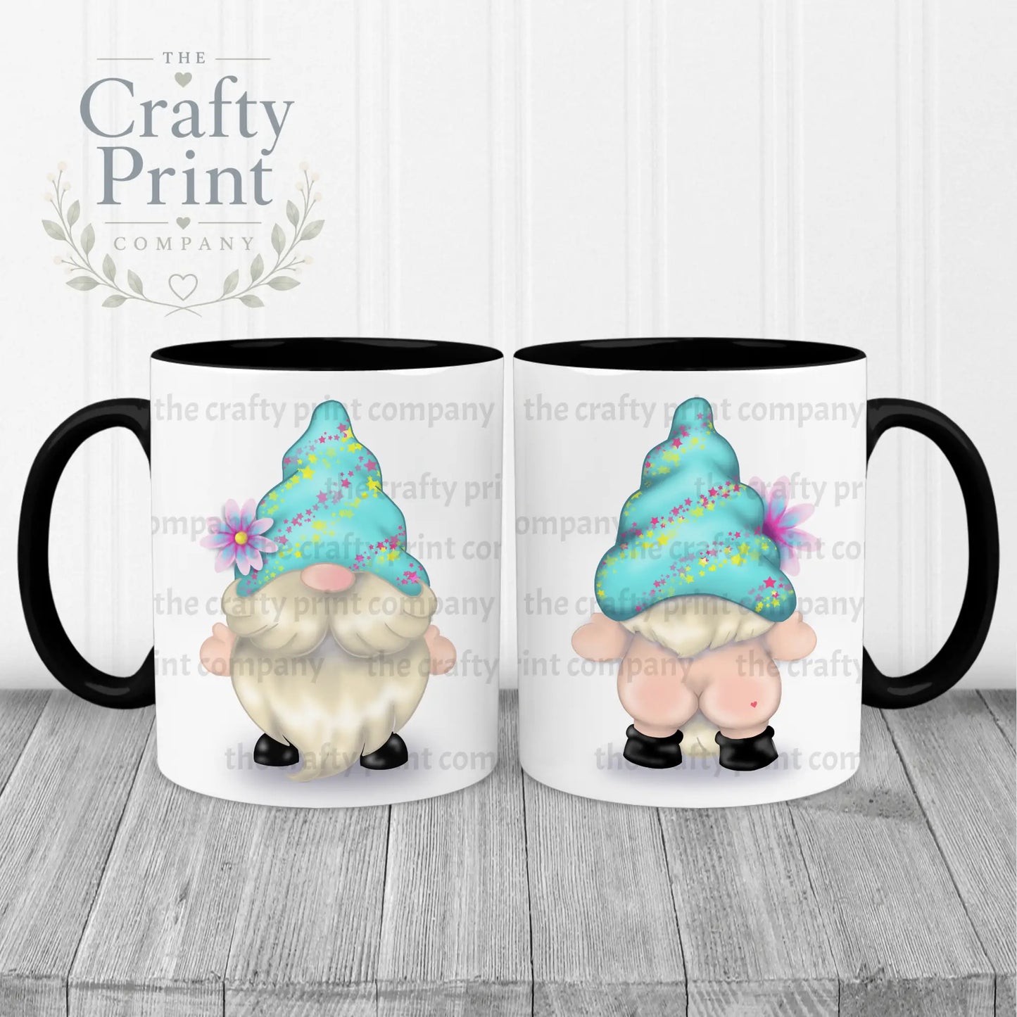 Cheeky Bum Gonk with Flower Mug - Black Handle & Inner