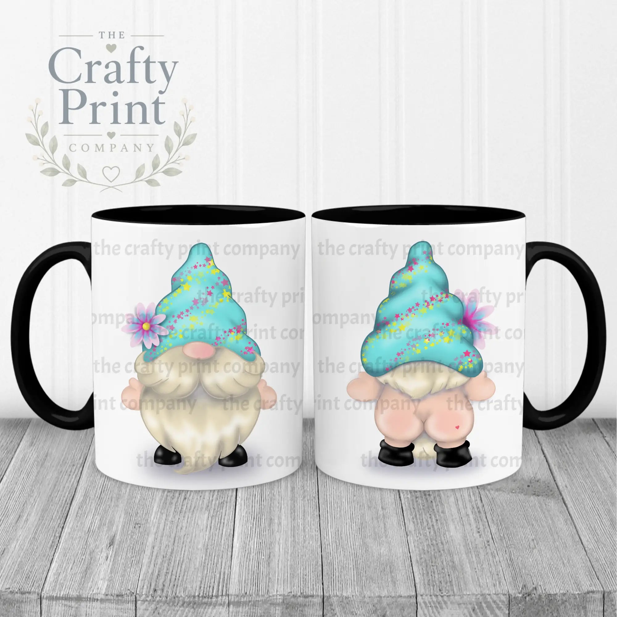 Cheeky Bum Gonk with Flower Mug - Black Handle & Inner