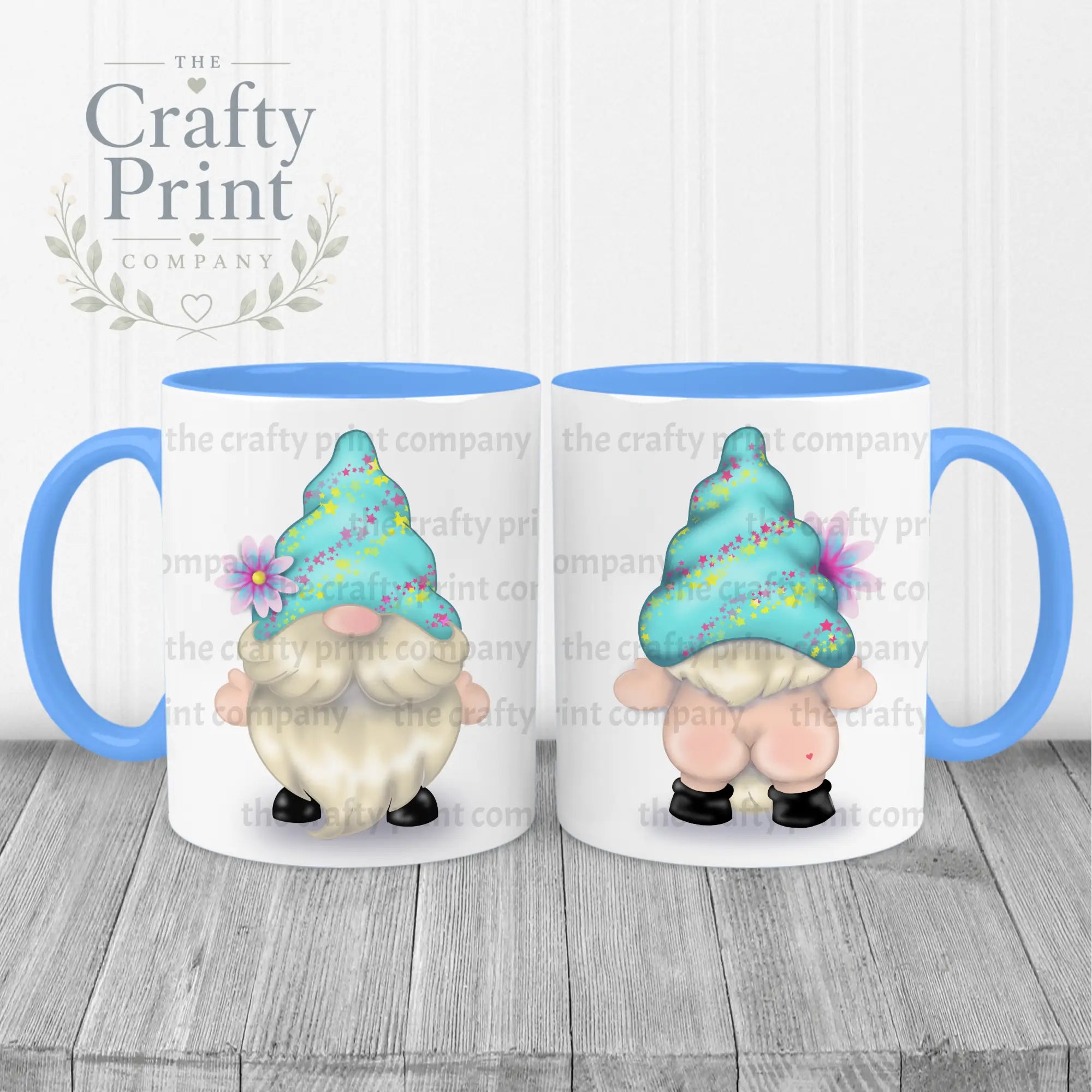 Cheeky Bum Gonk with Flower Mug - Blue Handle & Inner - Mugs