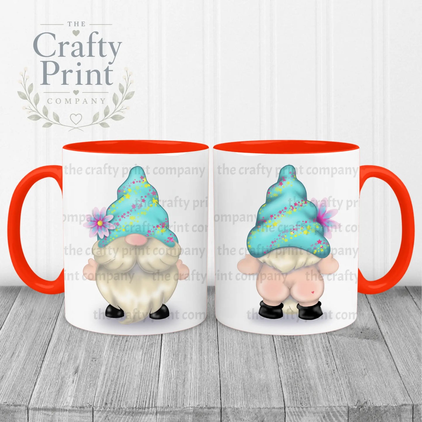 Cheeky Bum Gonk with Flower Mug - Red Handle & Inner - Mugs
