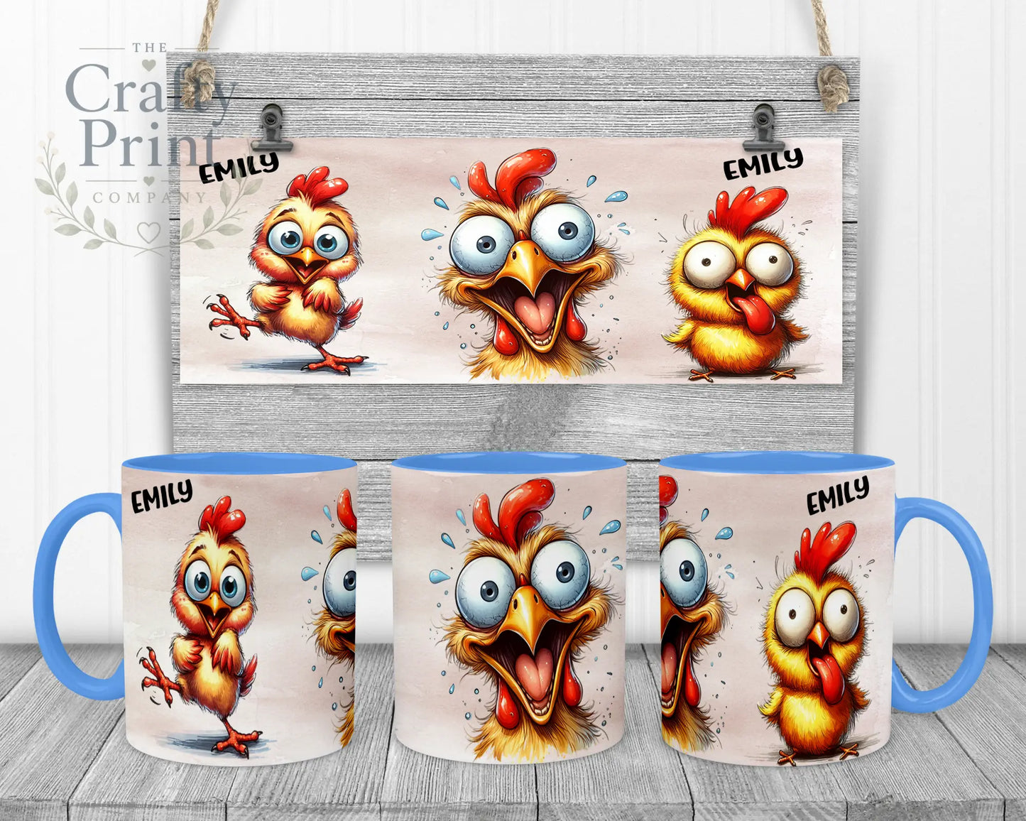 Chicken Funny Faces Mug - Blue Handle & Inner - Mugs