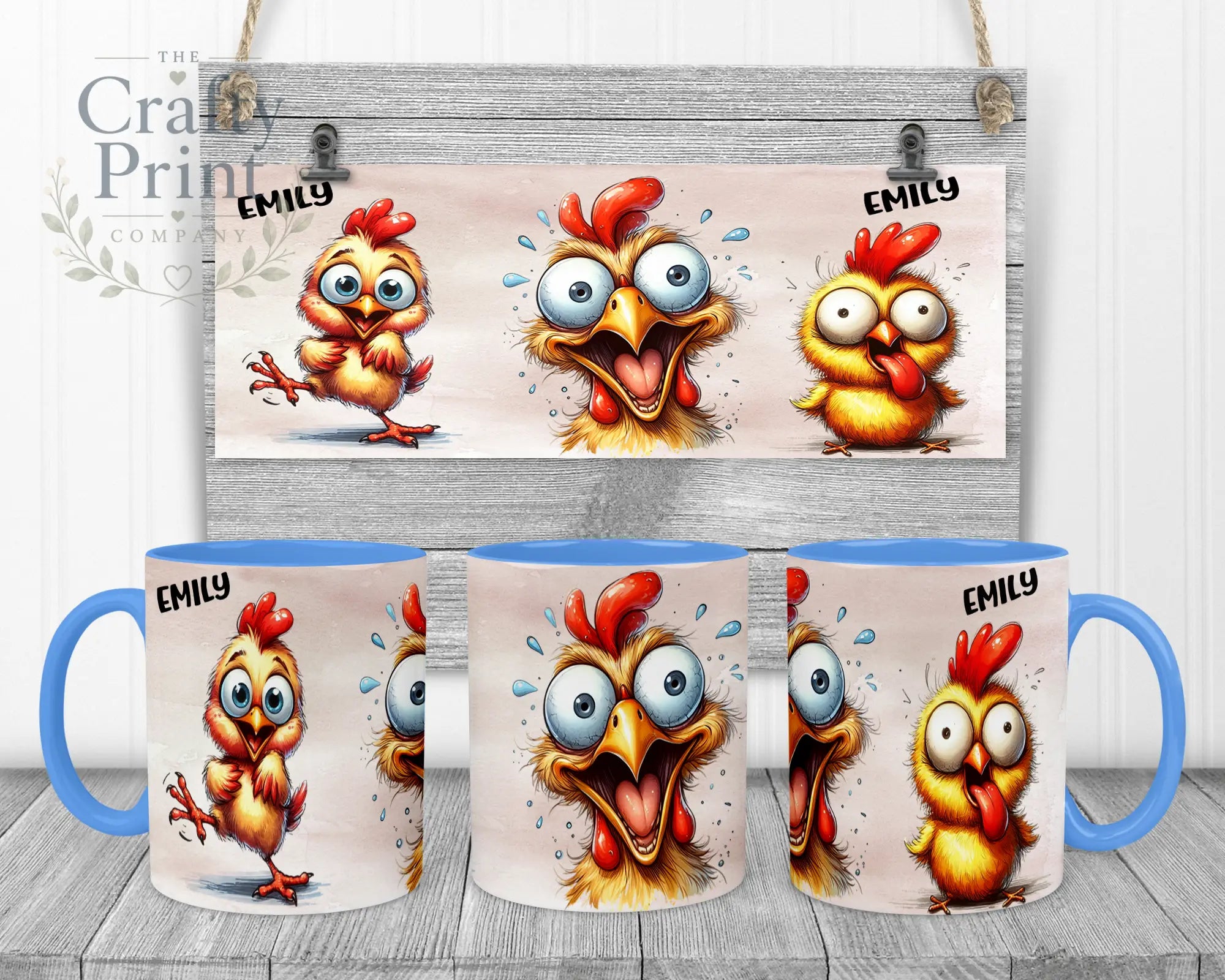 Chicken Funny Faces Mug - Blue Handle & Inner - Mugs
