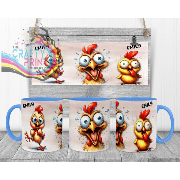 Chicken Funny Faces Mug - Blue Handle & Inner Mugs