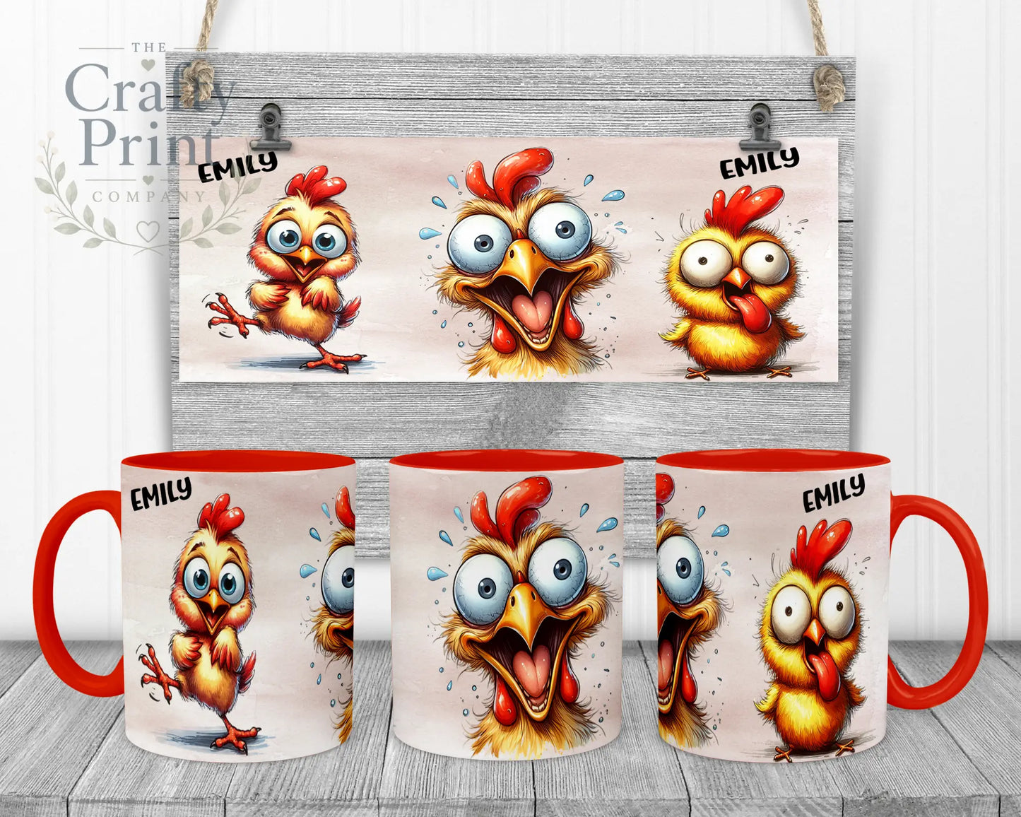 Chicken Funny Faces Mug - Red Handle & Inner - Mugs
