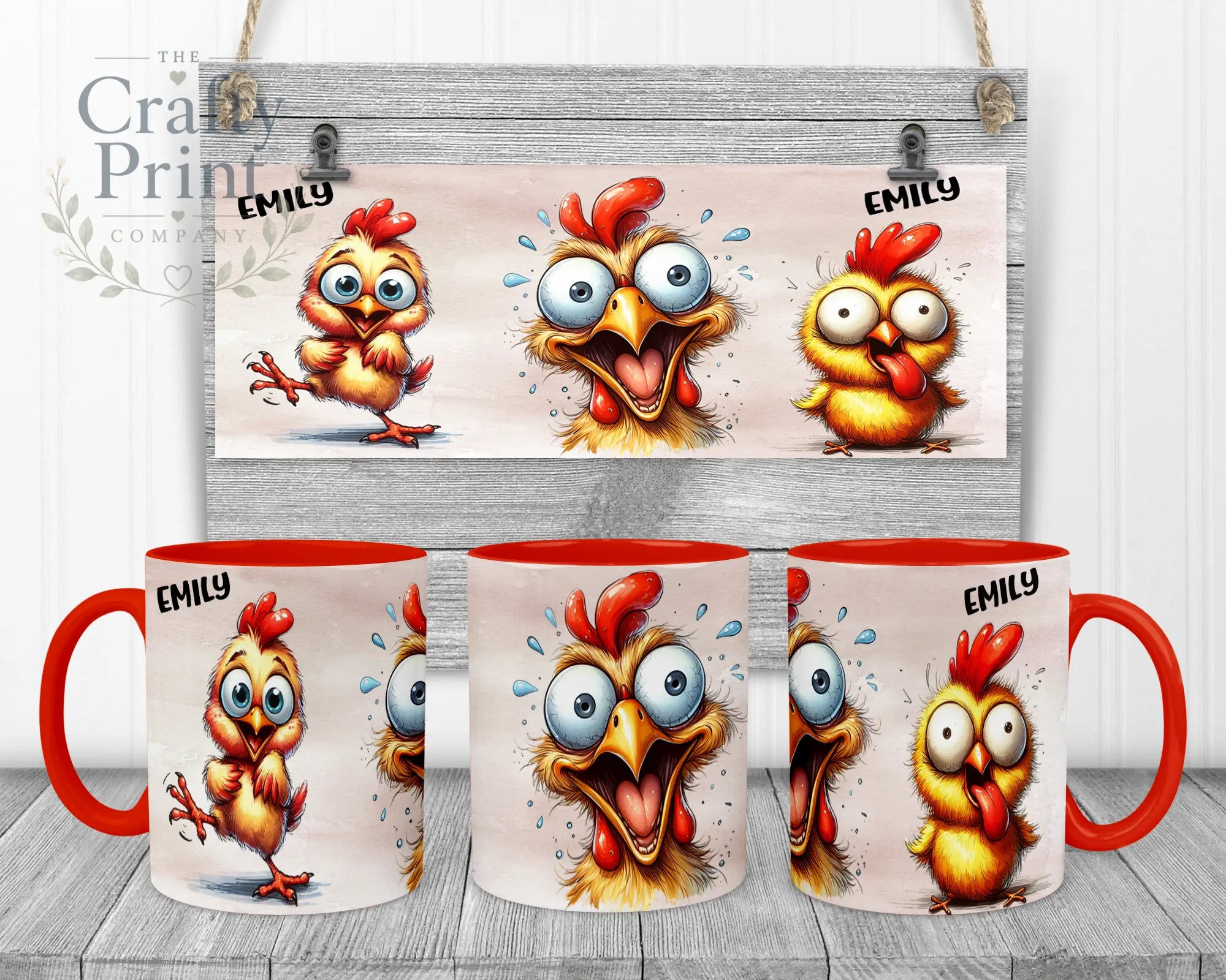 Chicken Funny Faces Mug - Red Handle & Inner - Mugs