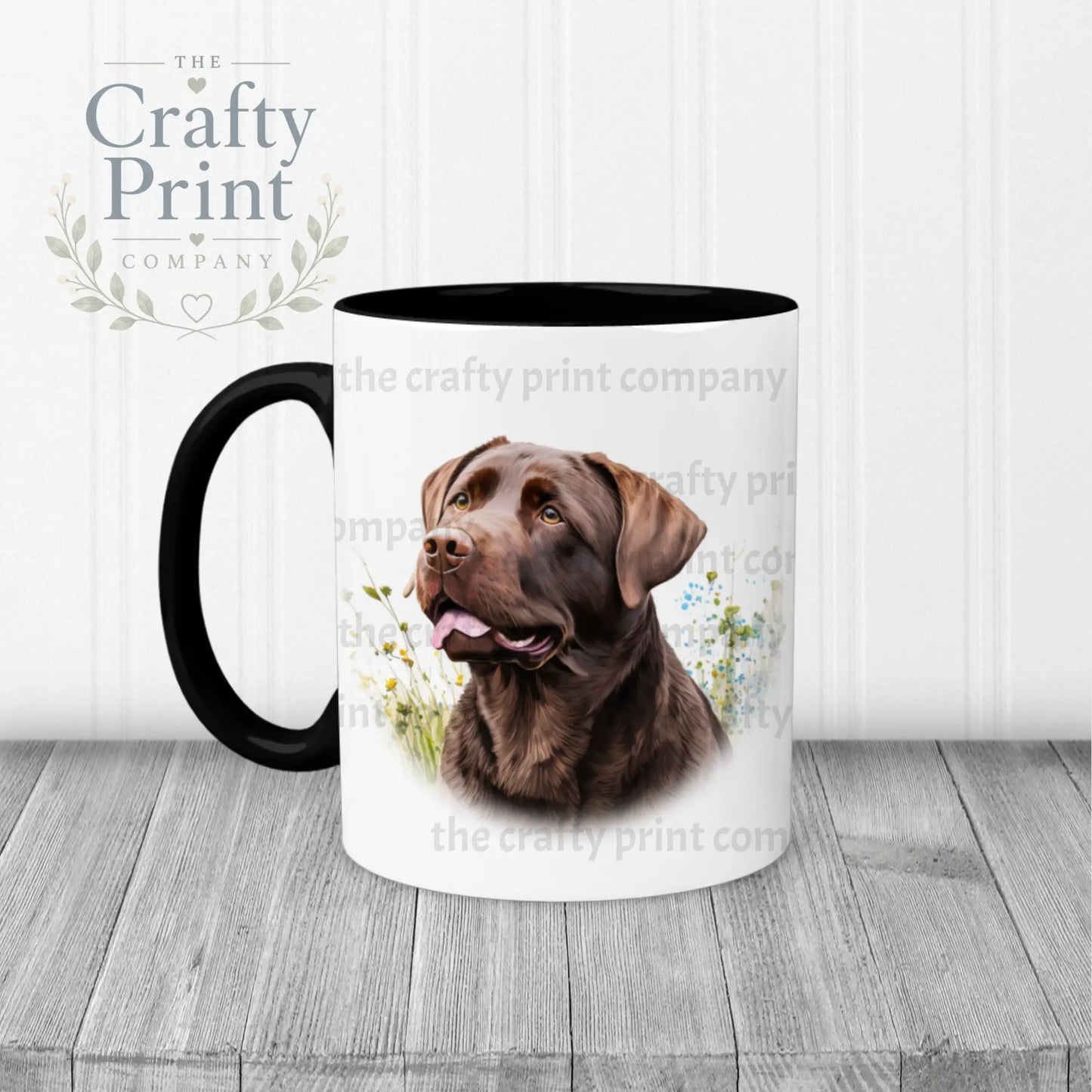 Chocolate Labrador Mug with flowers design - Black Handle &