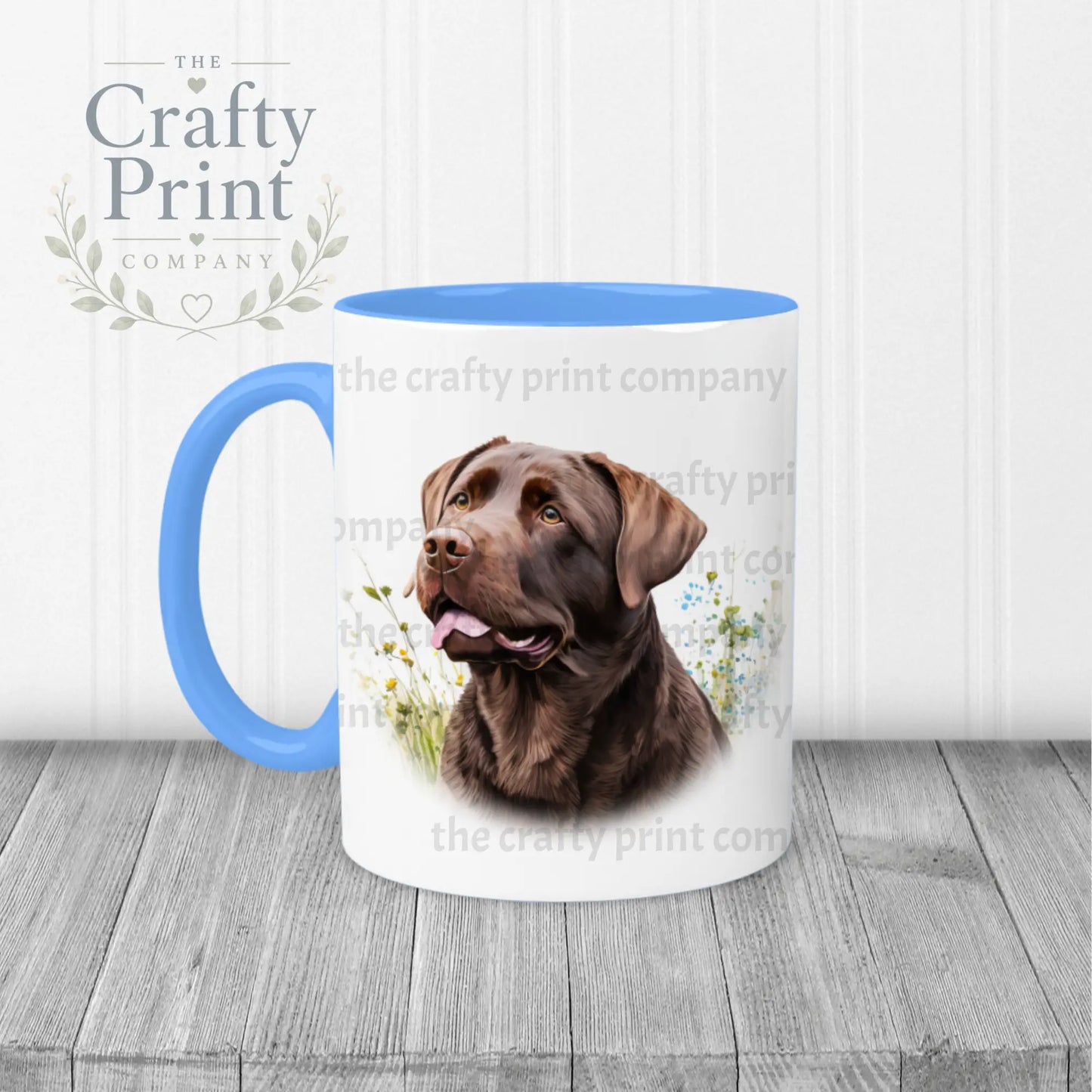 Chocolate Labrador Mug with flowers design - Blue Handle &