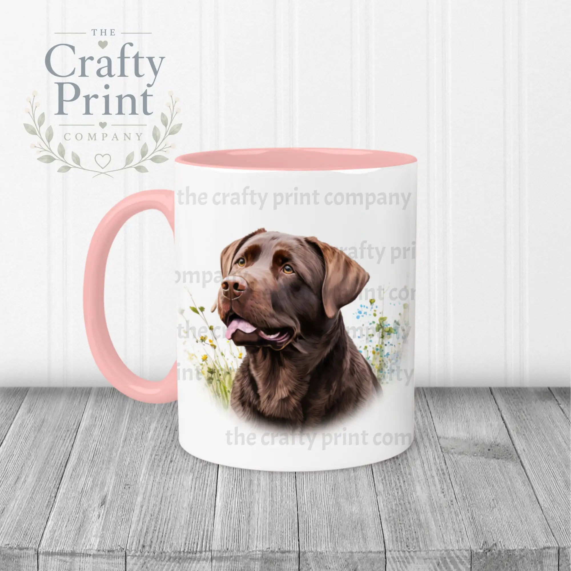 Chocolate Labrador Mug with flowers design - Pink Handle &