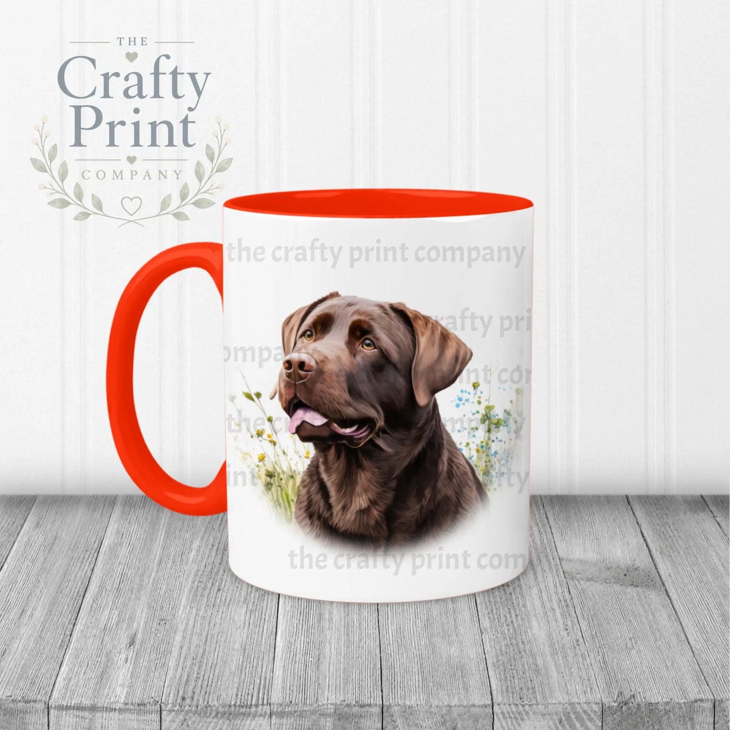Chocolate Labrador Mug with flowers design - Red Handle &