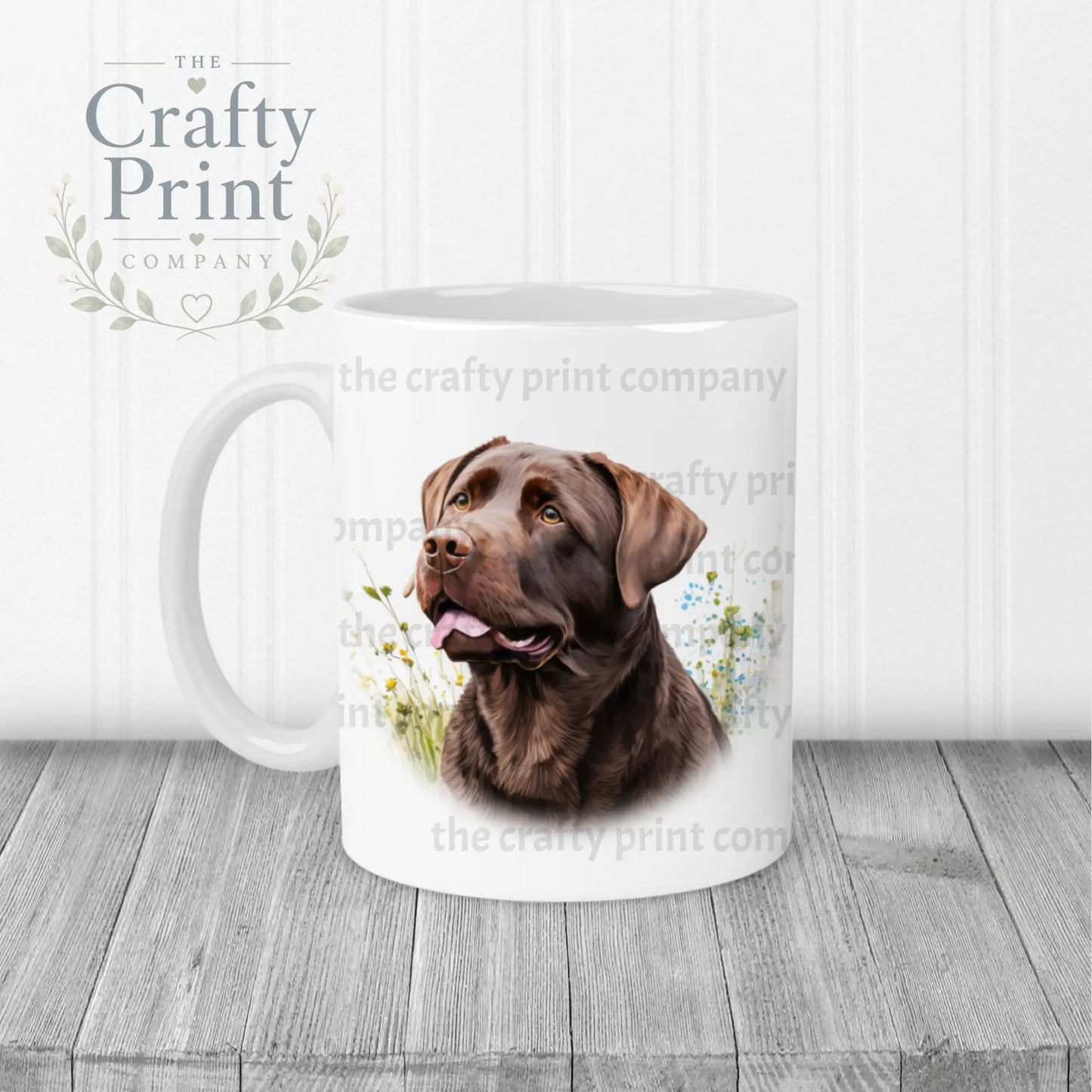 Chocolate Labrador Mug with flowers design - White Handle &