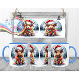 Christmas Highland Cow Mug - 11oz Ceramic / Blue Handle &