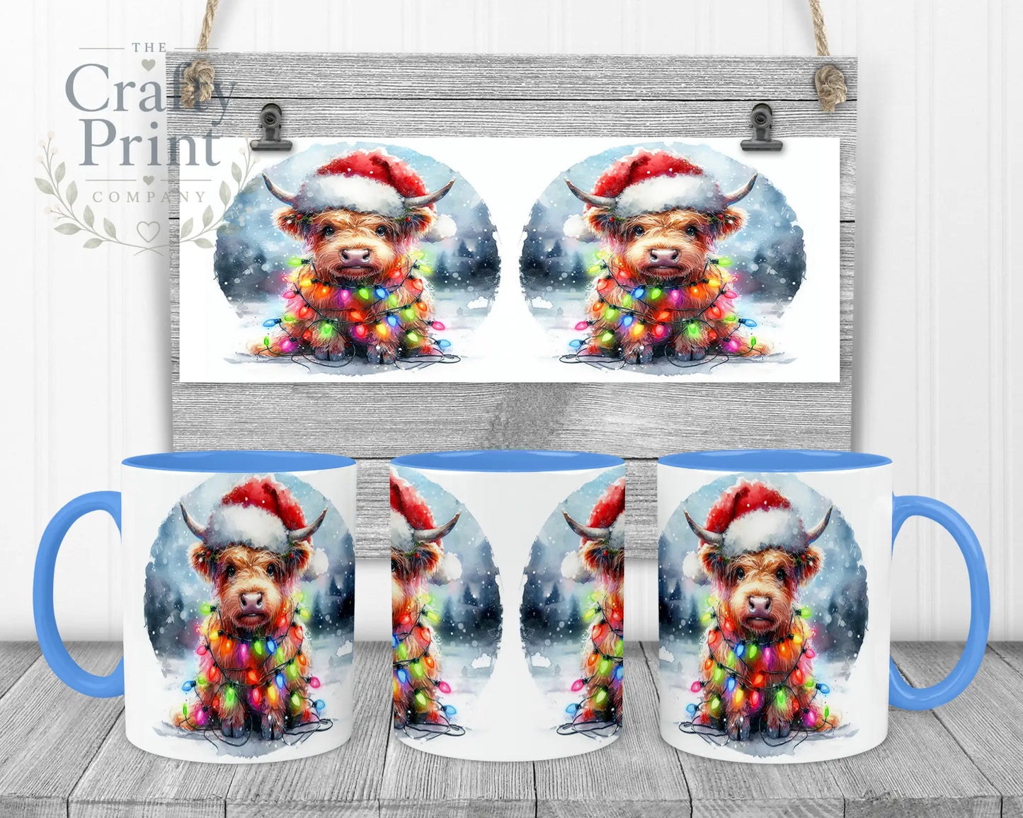 Christmas Highland Cow Mug - 11oz Ceramic / Blue Handle &