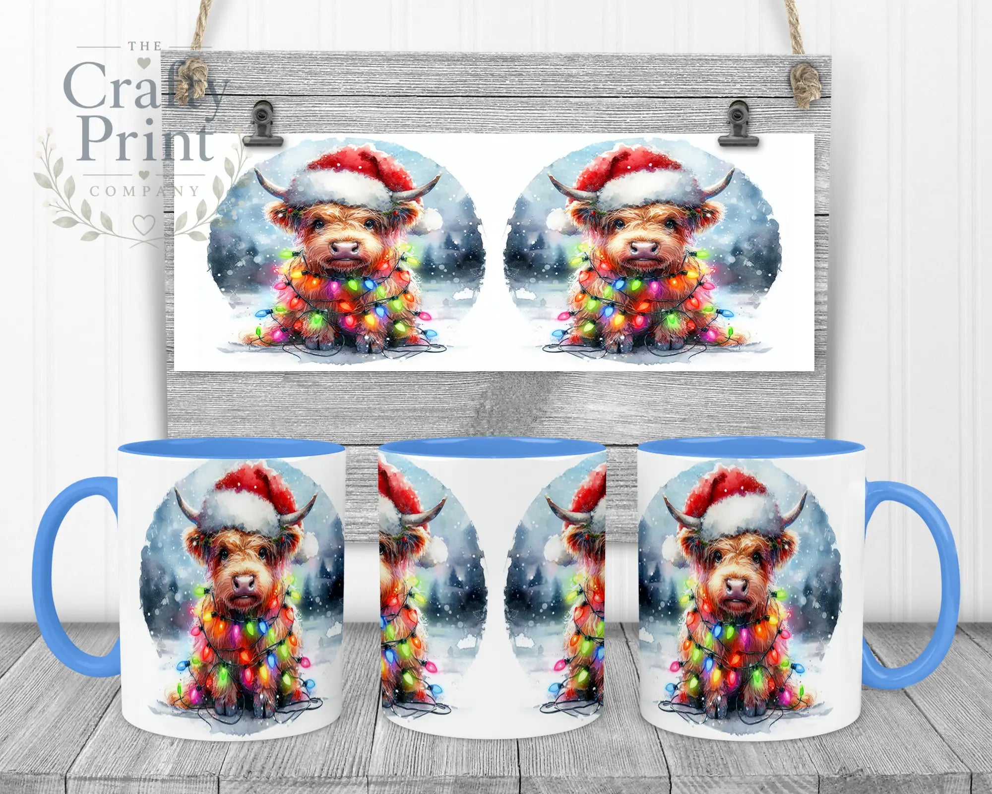 Christmas Highland Cow Mug - 11oz Ceramic / Blue Handle &