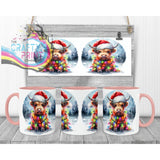 Christmas Highland Cow Mug - 11oz Ceramic / Pink Handle &