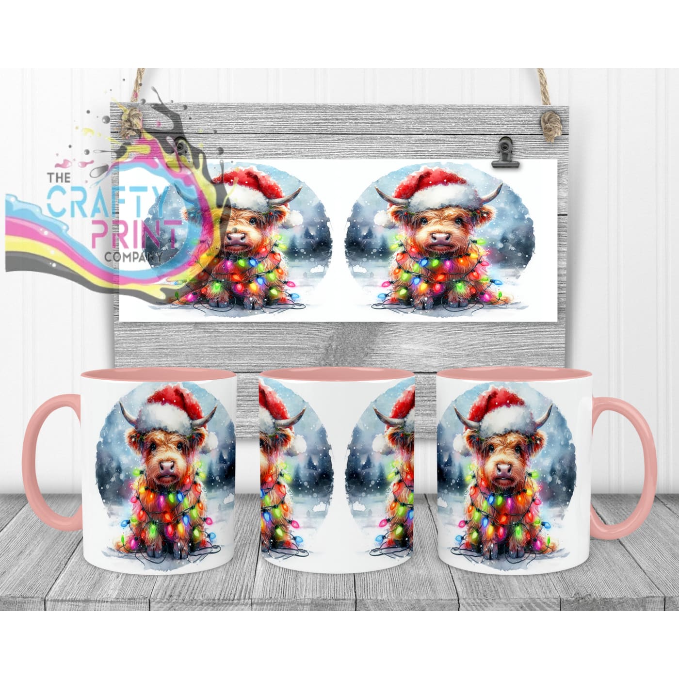 Christmas Highland Cow Mug - 11oz Ceramic / Pink Handle &