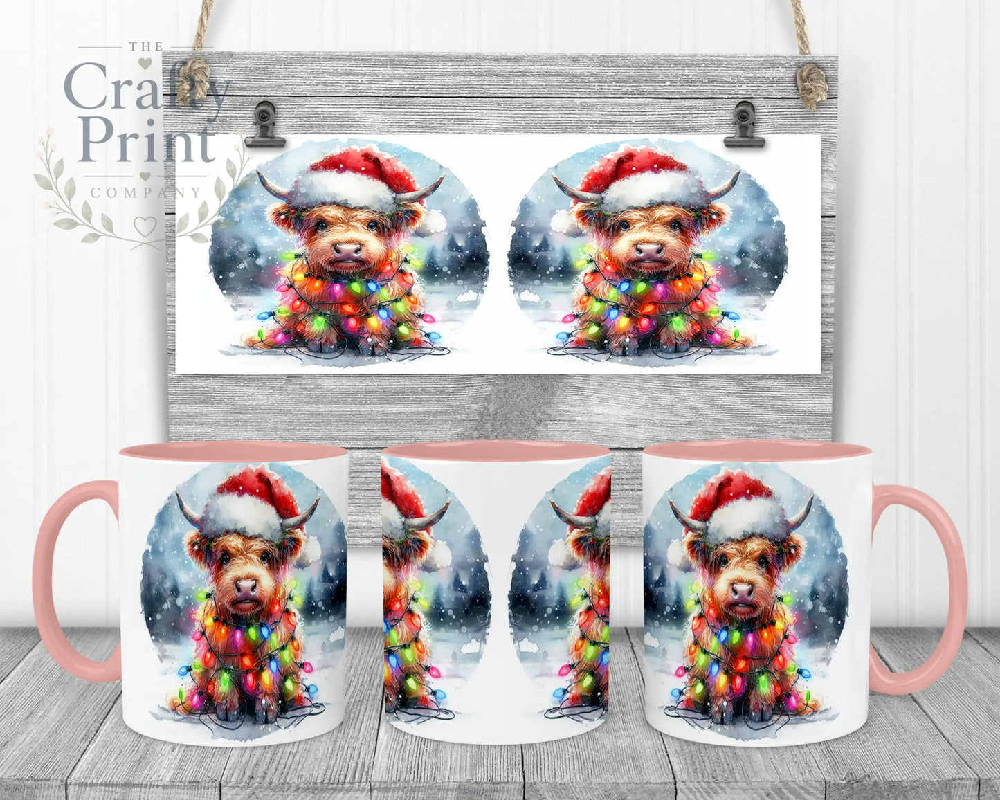 Christmas Highland Cow Mug - 11oz Ceramic / Pink Handle &