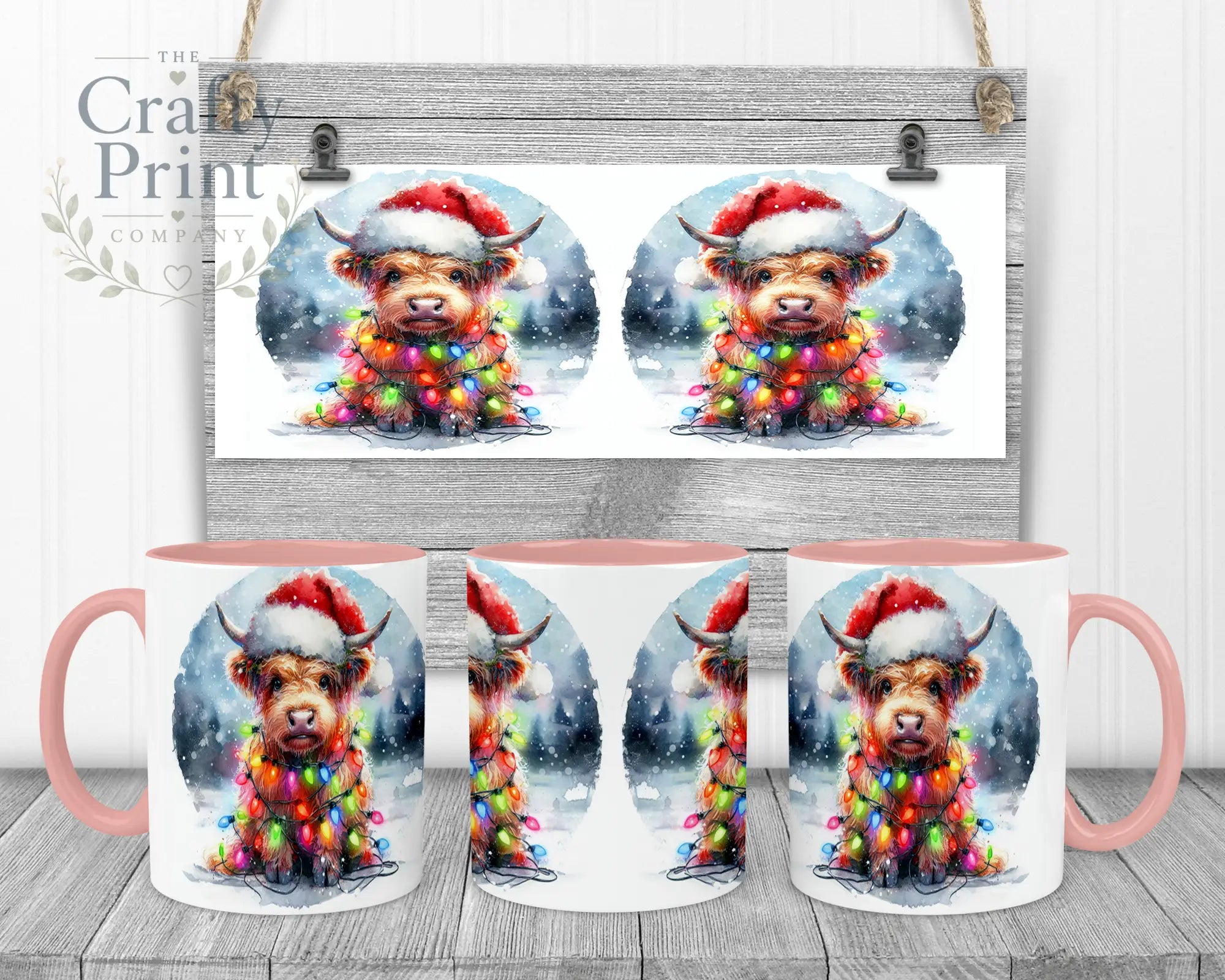 Christmas Highland Cow Mug - 11oz Ceramic / Pink Handle &