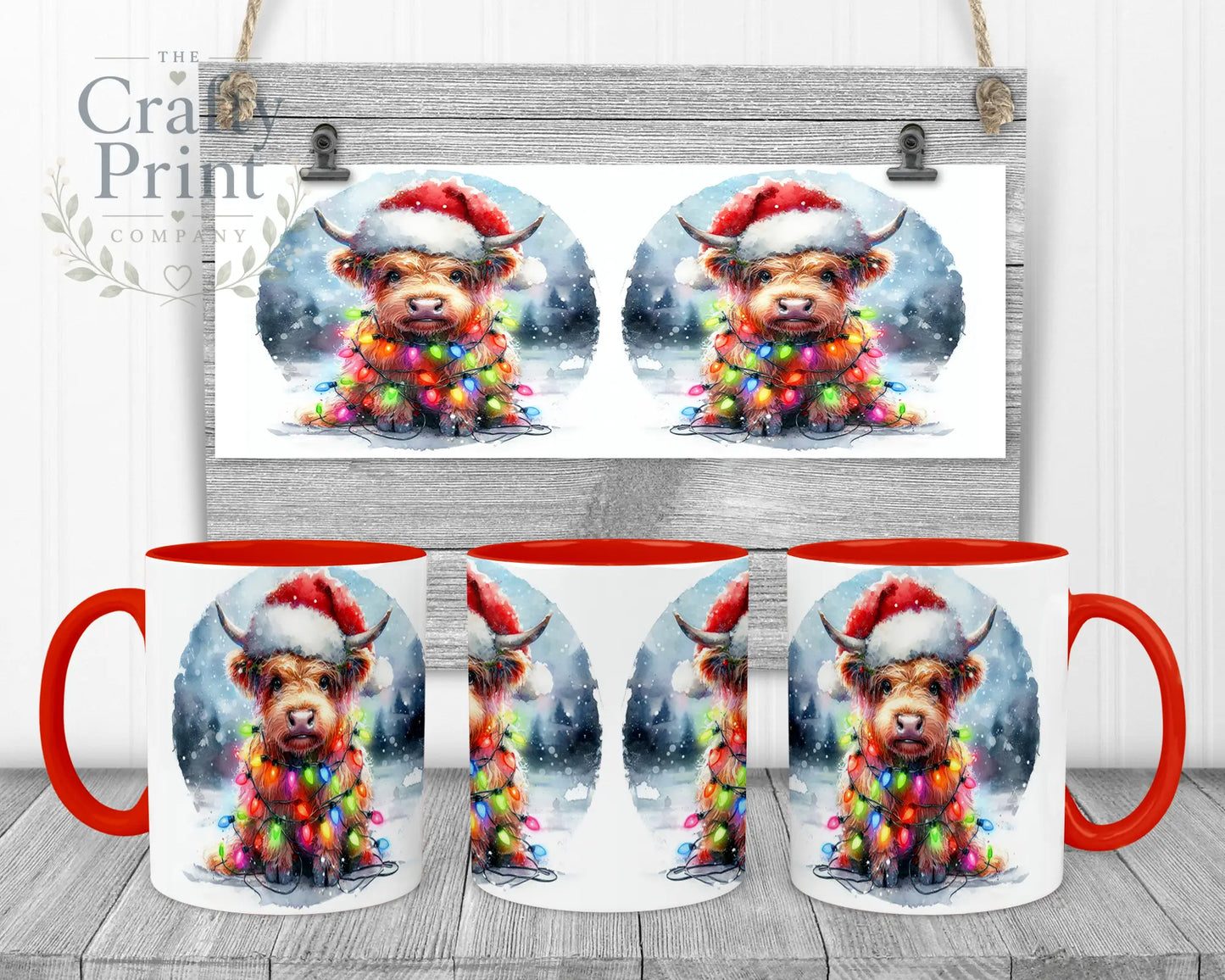 Christmas Highland Cow Mug - 11oz Ceramic / Red Handle &