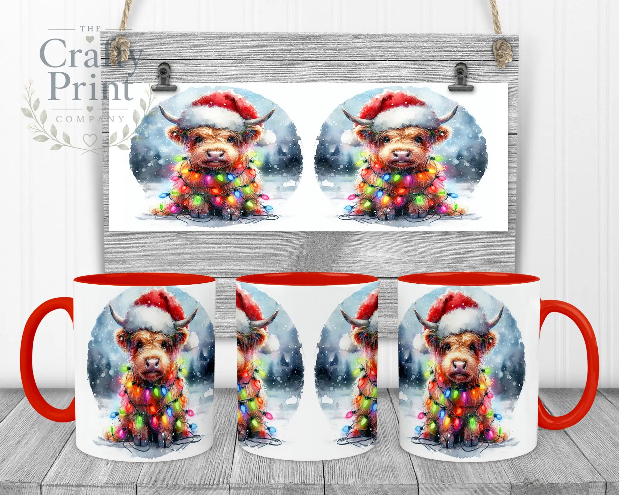 Christmas Highland Cow Mug - 11oz Ceramic / Red Handle &