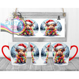 Christmas Highland Cow Mug - 12oz Latte / Red Handle &