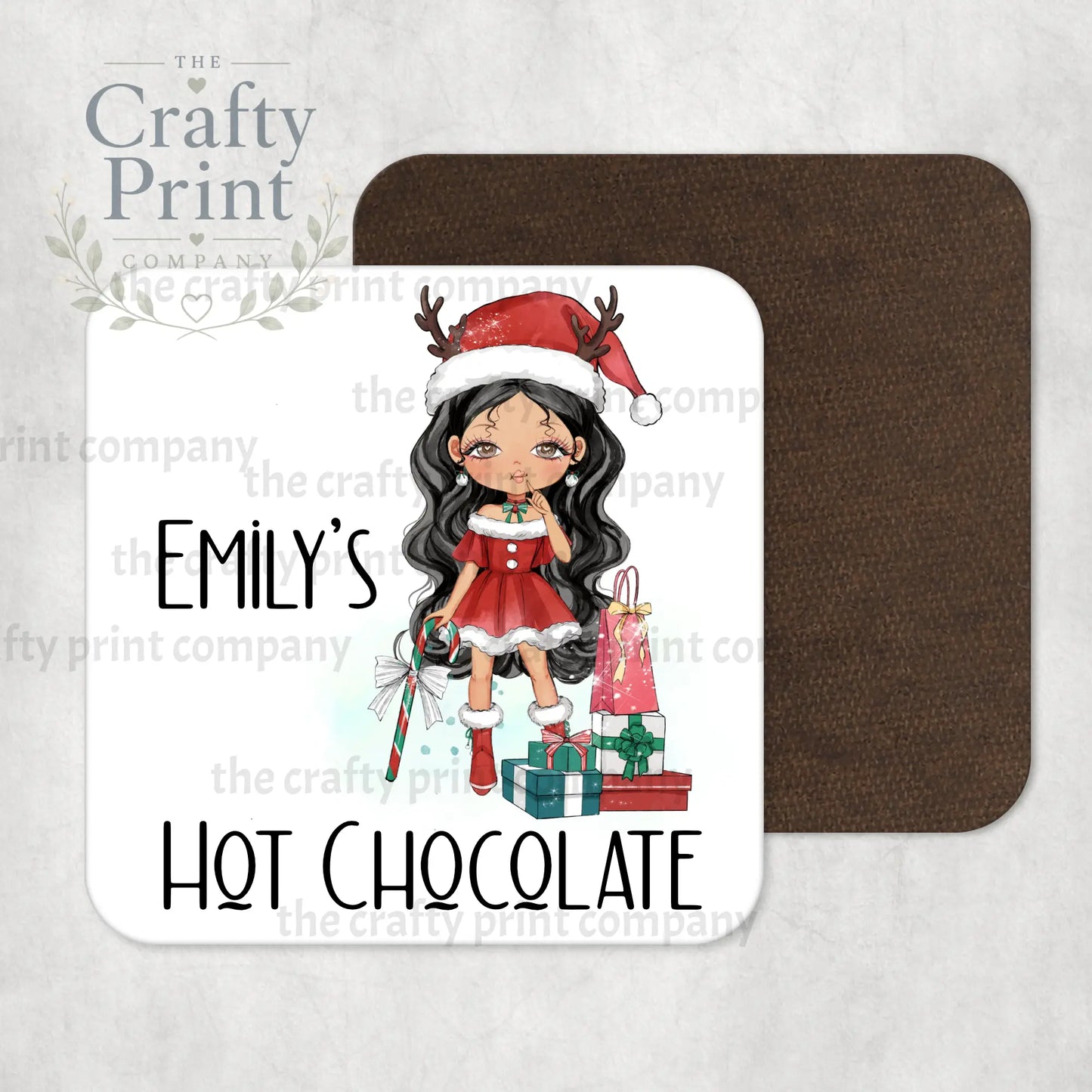 Christmas Ready Girl Personalised Coaster - Black Hair