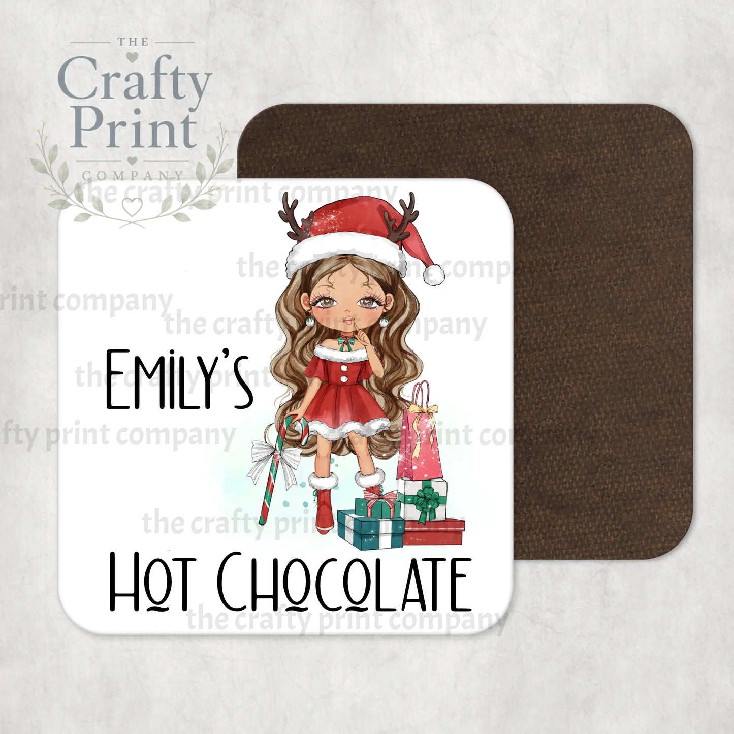 Christmas Ready Girl Personalised Coaster - Brunette Hair