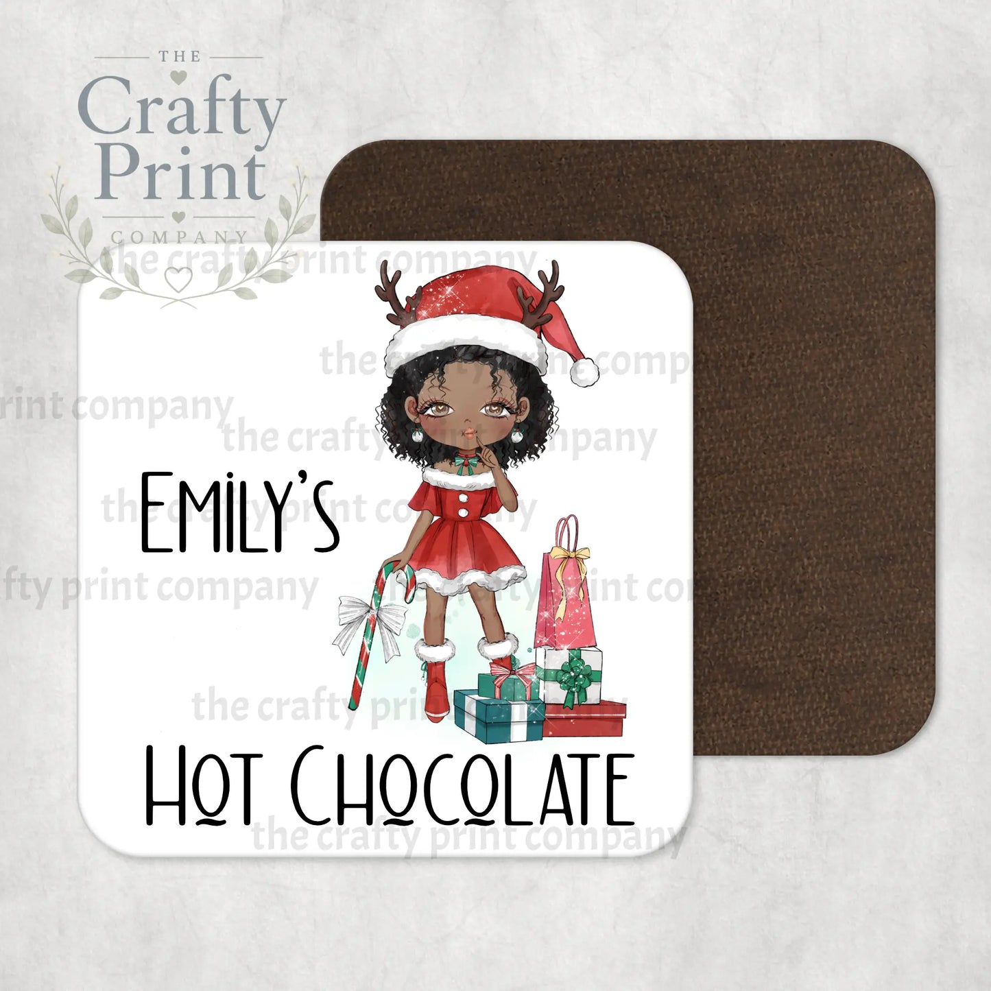 Christmas Ready Girl Personalised Coaster - Dark Skinned