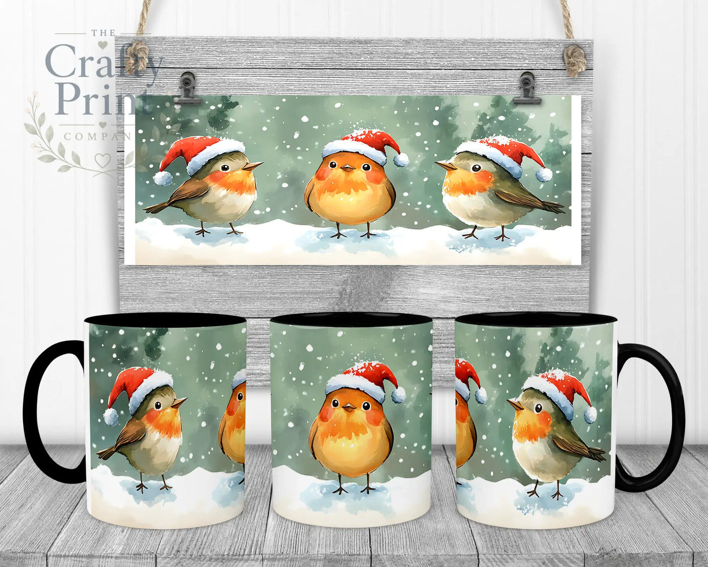 Christmas Robin Mug - 11oz Ceramic / Black Handle & Inner