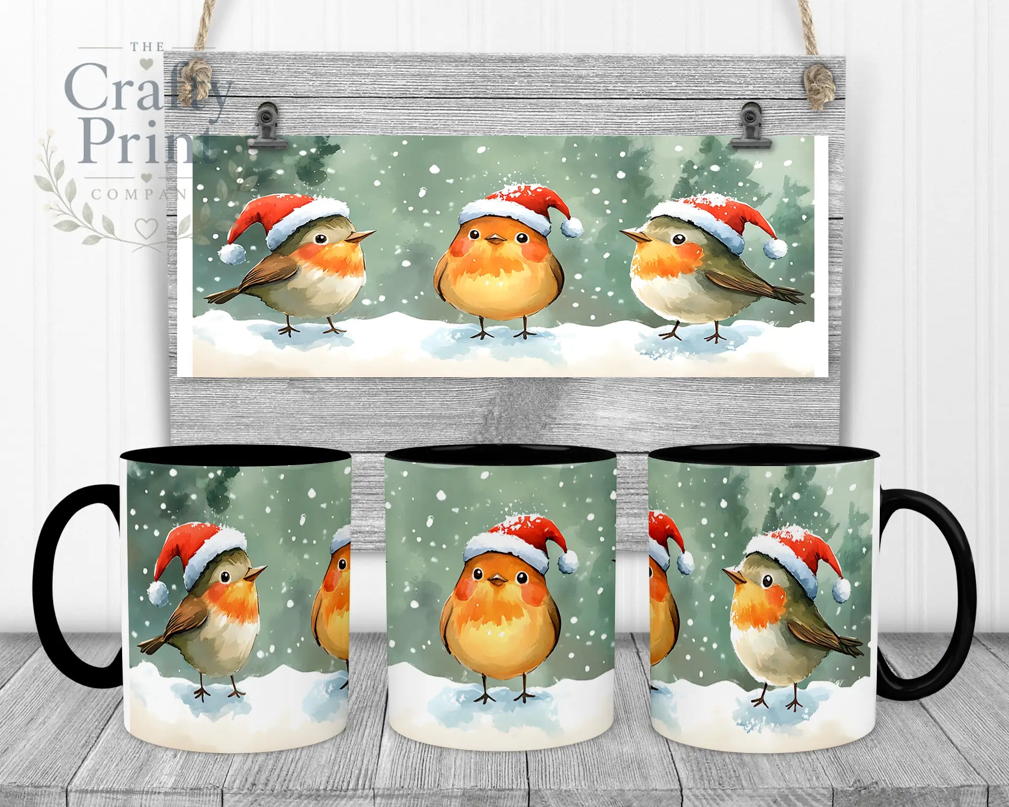 Christmas Robin Mug - 11oz Ceramic / Black Handle & Inner
