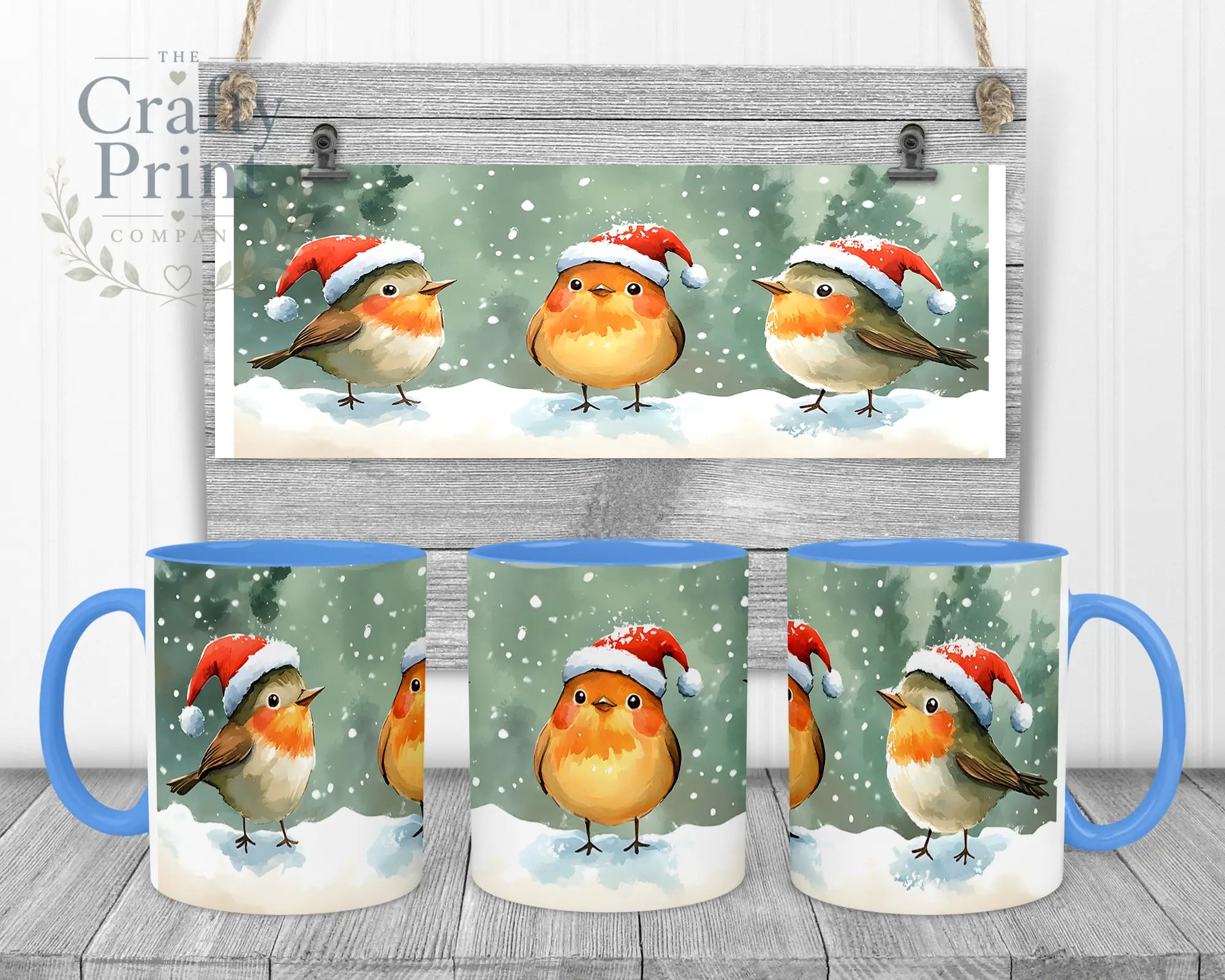 Christmas Robin Mug - 11oz Ceramic / Blue Handle & Inner