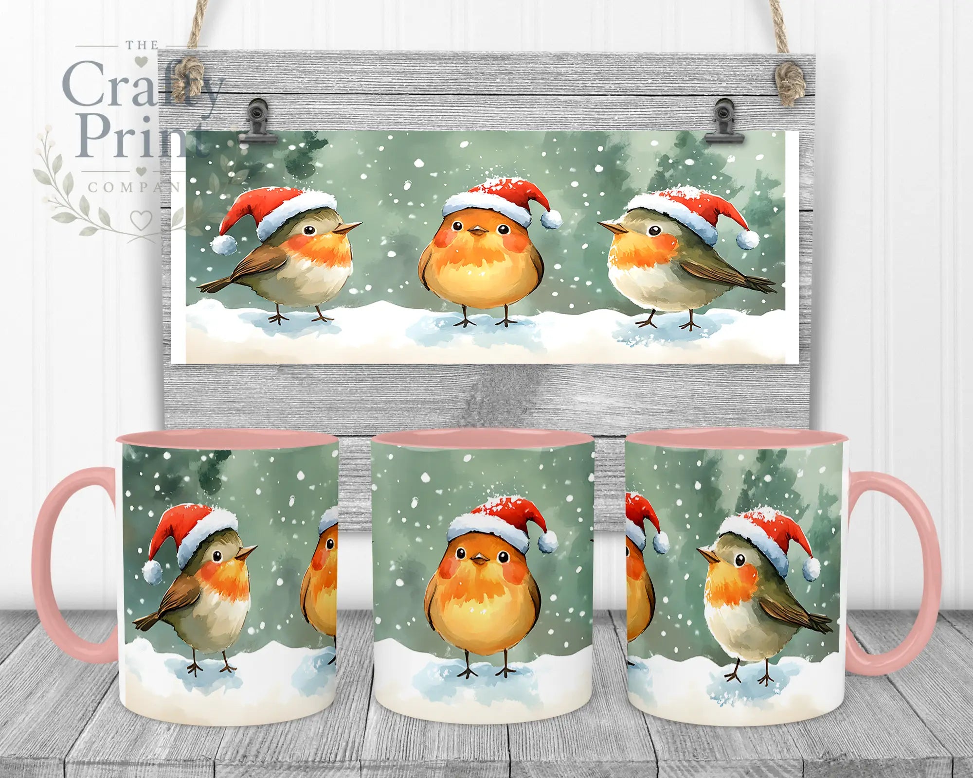 Christmas Robin Mug - 11oz Ceramic / Pink Handle & Inner