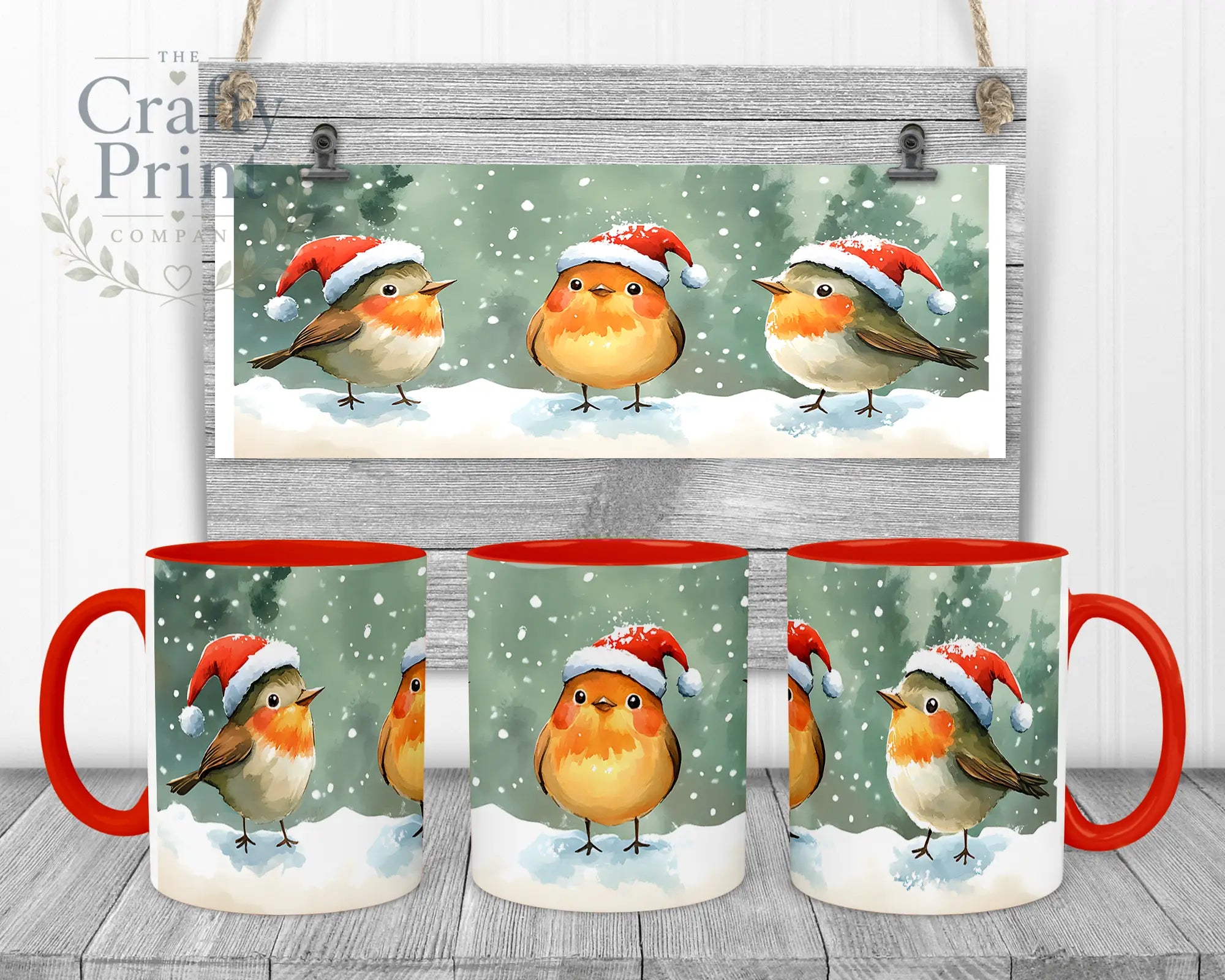 Christmas Robin Mug - 11oz Ceramic / Red Handle & Inner