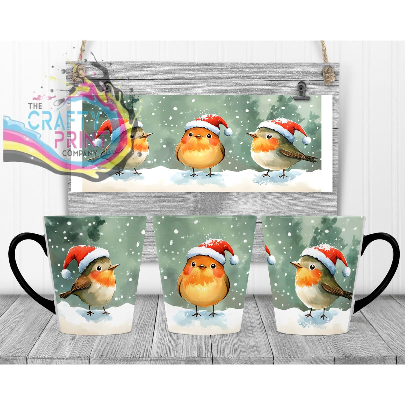 Christmas Robin Mug - 12oz Latte / Black Handle & Inner