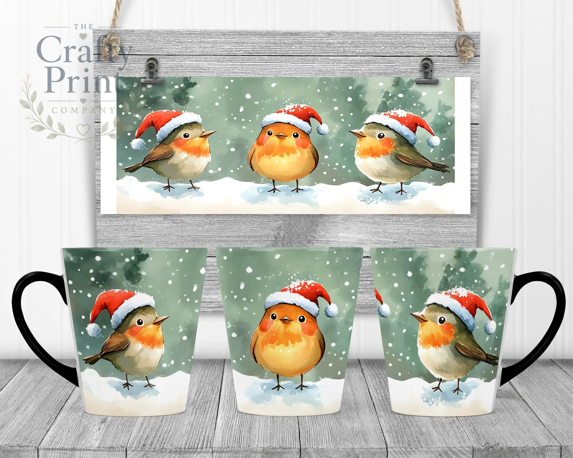 Christmas Robin Mug - 12oz Latte / Black Handle & Inner