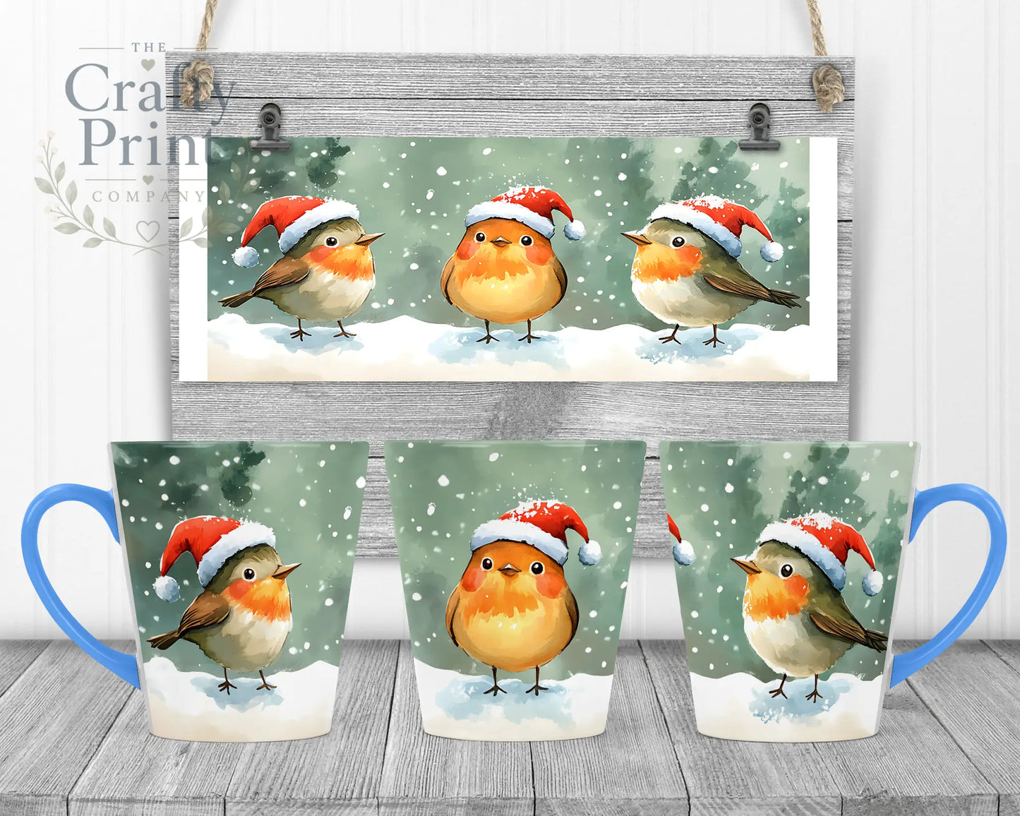 Christmas Robin Mug - 12oz Latte / Blue Handle & Inner